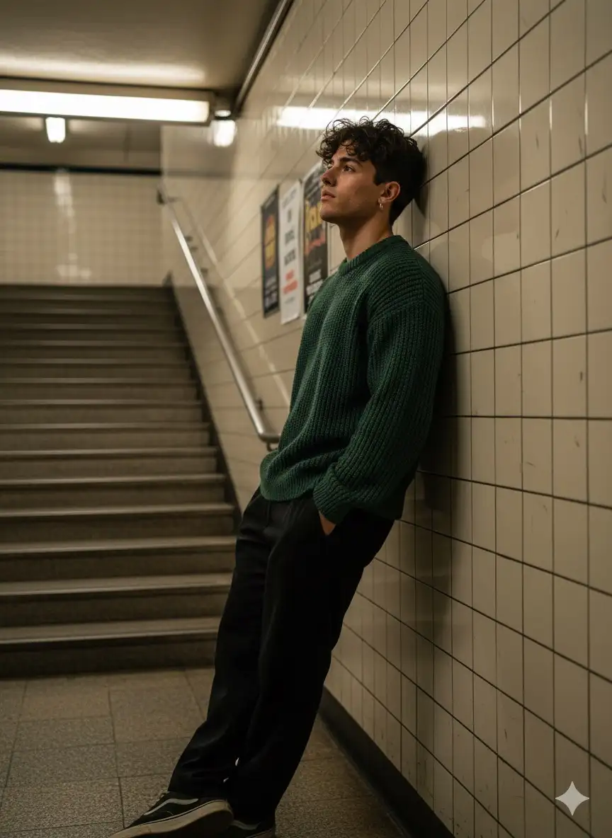 Realistic wide shot photography, the camera angle is slightly sideways from left-to-right (angle 3/4 side view), capturing a young man standing leaning against the side wall of the underground stairs/station, framing the full body to a little upper space (the camera is a bit away). Subject: a young man like the photo I uploaded don't change his face with short curls, wearing a dark green knitted sweater, loose black pants, one hand in his pants pocket, body leaning casually against the wall, dreamy and calm expression staring at the top-center, natural and editorial pose.

Background: underpass / underground station interior with wall tiles, stairs to the top on the left side, small posters attached to the wall, everyday urban-looking environment. Main lighting: ceiling fluorescent lights produce warm-beime colors and soft shadows; there is also a slight soft fill light from the direction of the upper stairs to maintain facial details. The overall color is slightly faded with a cinematic film tone (muted greens & warm highlights), fine grain for a modern analog feel.

Texture & details: sweater knitted fiber details, wall tile texture, metal reflection of the handrail, fine skin pores on the face, slightly messy curly hair, pants fabric folds. Composition: rule-of-thirds, the subject is placed in the bottom right third with a ladder line leading the eye towards the top of the frame. Depth of field medium (slightly blurry/boke background but still readable), medium contrast, mellow / introspective mood.

Camera technique: photographed as if using Sony A7R V, 35mm f/1.4 lens, aperture f/2.8, shutter 1/125s, ISO 400, warm white balance slightly to yellow, ultra-high resolution, photorealistic, editorial magazine style.

--Ar 9:16 --v 6 --style raw --q 2 --s 1000 --hd