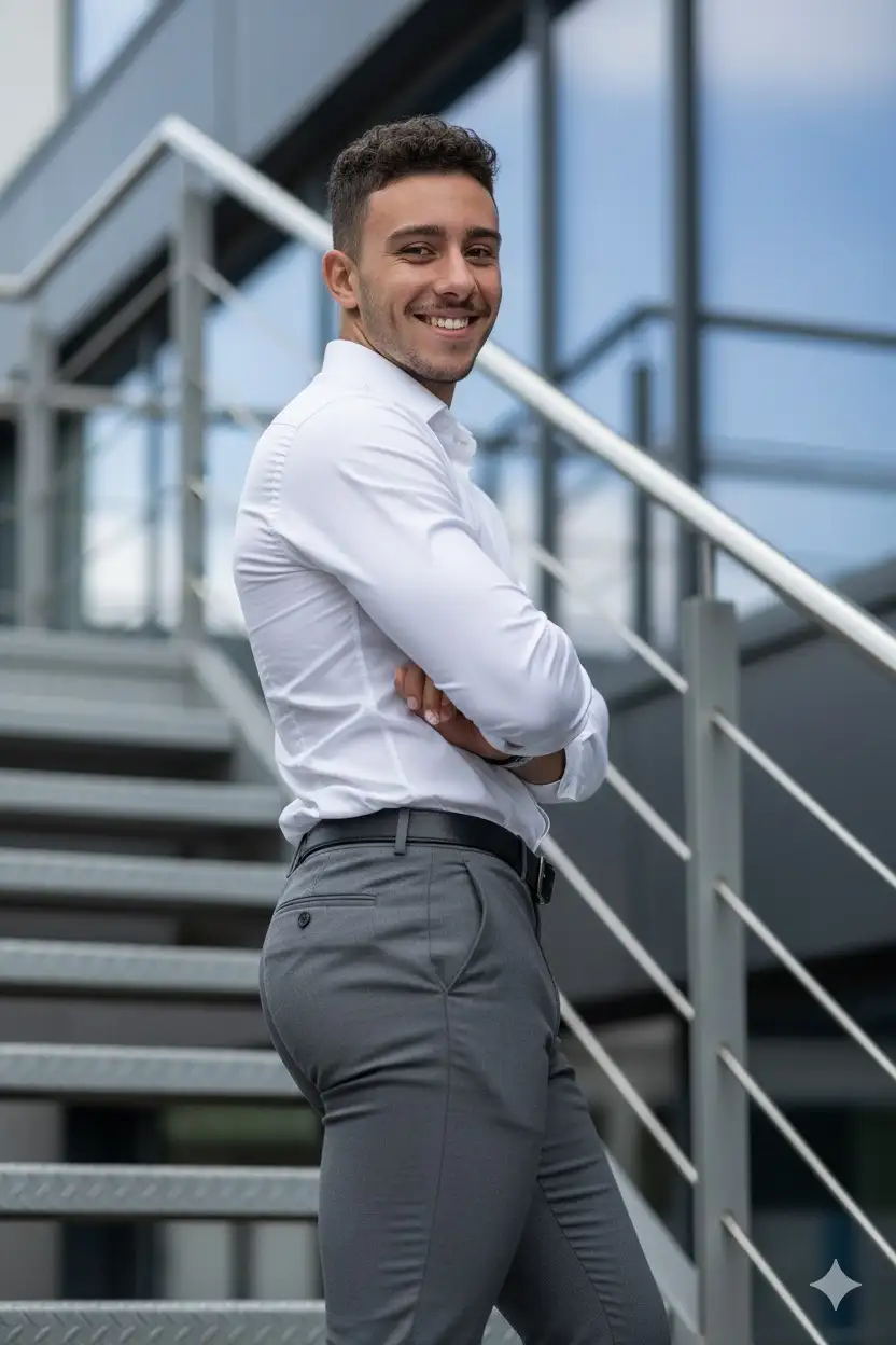 Create a photo and make sure the face exactly matches the model's. of a 22-year-old man. Fit and muscular physique, with short curly hair, a white dress shirt and tight gray dress pants that show off his massive buttocks and shapely legs, he is standing on a metal staircase, arms crossed, looking back over his shoulder and smiling. The photo was taken with a Sony Alpha 7 III, 50mm lens, f/2.8 aperture, ISO 200, shutter speed 1/250, low angle shot, natural light, soft shadows, balanced composition, neutral color palette, soft textures on the clothing, metallic texture on the stairs, modern office building in the background with large windows, professional corporate photography style, 8K resolution, post-processed with subtle contrast enhancement, foreground focused on the man, background slightly out of focus, daytime environment, clear sky]