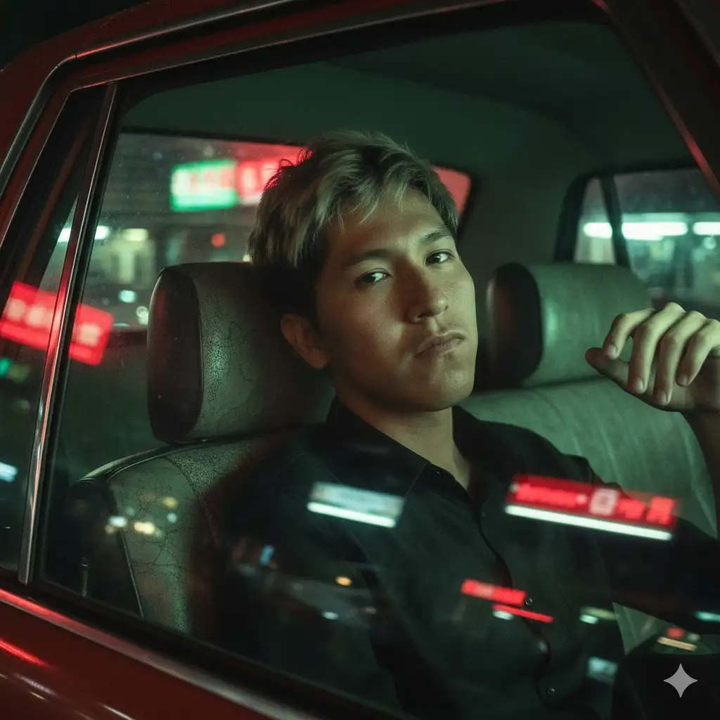 Using this image as reference: generate a hyperrealistic editorial portrait of the same person, preserving facial structure, skin tone, hair texture, and emotional expression with maximum fidelity. Do not remove natural imperfections—freckles, scars, pores, asymmetries, or wrinkles must be preserved to honor the subject’s authenticity and individuality.
The subject is seated inside an old taxi with faded leather seats. His head rests gently against the seat, one hand placed on the edge of the glass. The portrait is shot from outside the vehicle, capturing overlapping reflections across the face and window surface. The jawline and neck are subtly emphasized to create a statuesque, cinematic silhouette.
Red and green neon lights from the city pass by, refracting through the wet glass and casting shifting colors across the subject’s face. He wears a black button shirt. The lighting is soft but dramatic, with deep shadows and glowing highlights that sculpt the face and evoke a sense of urban solitude.
The image tone is rich in red-green contrast, with thick film grain, pronounced motion blur from passing lights, and a hazy glow around the vehicle’s headlights. The composition is vertical (3:4 aspect ratio), close-up or three-quarter framing, with the subject centered or slightly offset. The mood should evoke loneliness, introspection, and the quiet ache of city life—like a cinematic still from a Wong Kar-wai film.
Camera settings:
- Lens: 50mm f/1.4 (for emotional intimacy and cinematic compression)
- ISO: 800
- Aperture: f/1.4
- Shutter speed: 1/60s
- Format: vertical (3:4 aspect ratio)
- Lighting: ambient neon (~3200K red + ~5200K green), refracted through wet glass
- Color grading: red-green contrast, soft glow, heavy grain
- Mood: melancholic, cinematic, emotionally suspended
- Atmosphere: urban night, poetic solitude, editorial realism
--v 5 --ar 3:4 --style raw --quality 2 --ref_photo