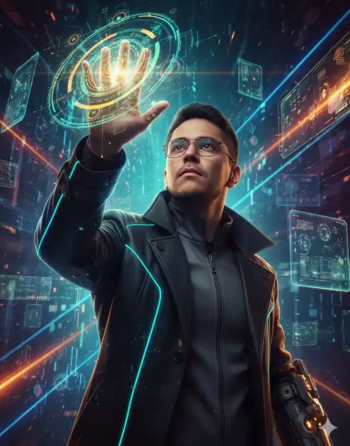 Un retrato impactante y cinematográfico de [tu foto/la persona de la foto proporcionada] como un hombre decidido, y rebelde, que extiende la mano hacia arriba, bañado por el brillo etéreo de un entorno futurista y rico en datos. El fondo es una impresionante variedad de circuitos brillantes, proyecciones holográficas y elementos tecnológicos abstractos en tonos verde azulado, naranja y morado, que evocan una sensación de inmersión digital o un mundo cibernético. Alto detalle, colores vibrantes, iluminación dinámica y estética de ciencia ficción, capturado desde una perspectiva contrapicada mirando al sujeto.