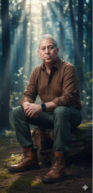 Usando la imagen subida, con una imagen 100% exacta del rostro, sin modificar mis rasgos faciales, crea un retrato realista de un hombre elegante (basado en la imagen subida) sentado en el tronco de un árbol al aire libre, con camisa marrón, pantalones cargo, un reloj inteligente Apple Watch y botas cafés. El fondo es de ensueño con un suave efecto bokeh, tonos azulados y rayos de sol que se filtran entre los árboles. La foto debe verse realista, HD, cinematográfica y nítida, con un tono de piel natural y colores vibrantes. Lente de 85 mm, imagen ultra realista 4K HD.
Model