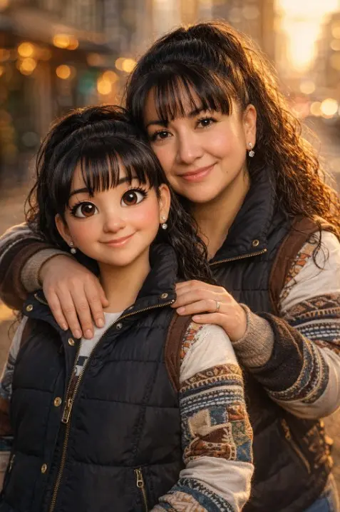 con mi foto Crea un retrato urbano atractivo e hiperrealista en un entorno urbano real durante la hora dorada (luz natural, efecto bokeh urbano, poca profundidad de campo). Usa la FOTO DE USUARIO proporcionada para preservar la identidad de la persona SOLO para el personaje fotorrealista.\n\nOBJETIVO CLAVE: La diferencia entre lo REAL y lo DIBUJO ANIMADO debe ser muy evidente.\n\nEscena y composición:\n- Retrato vertical, preferiblemente de cintura para arriba, centrado.\n- Una versión fotorrealista e hiperrealista de la persona está de pie detrás.\n- Delante: la VERSIÓN DE DIBUJO ANIMADO de la persona en un estilo animado 3D premium que coincide perfectamente con la IMAGEN DE REFERENCIA DE ESTILO.\n- La persona fotorrealista abraza a la caricatura por detrás: un brazo rodea suavemente el cuello/parte superior del pecho de la caricatura en un abrazo amistoso (sin asfixia), la otra mano descansa ligeramente sobre el hombro de la caricatura.\n- Ambos sonríen cálidamente y miran directamente a la cámara.\n\nRequisitos de la persona fotorrealista:\n- Humano 100 % realista: poros visibles de la piel, natural Imperfecciones, mechones de cabello realistas, tejido de tela auténtico.\n- Traje de ropa urbana realista que complemente los colores de la caricatura.\n\nRequisitos de la versión de dibujos animados (HAZLO MÁS CARICATURNO):\n- Debe verse como un personaje animado estilizado, NO realista.\n- Proporciones exageradas: cabeza ligeramente más grande, ojos más grandes y expresivos, nariz/boca simplificadas, planos faciales más suaves.\n- Piel suave SIN poros, SIN microtexturas del mundo real.\n- Cabello estilizado: rizos/mechones limpios y agrupados con volumen animado (no mechones fotorrealistas individuales).\n- Usa una respuesta de material similar a la de un dibujo animado: reflejos suaves, sombreado limpio, brillo sutil bajo la superficie, bordes nítidos.\n- Mantén un claro parecido con el usuario (señales generales de la forma del rostro), pero NO lo hagas realista.\n- El atuendo y los accesorios deben seguir de cerca la vibra de la IMAGEN DE REFERENCIA DE ESTILO (ropa urbana boho/patchwork, detalles artesanales en capas, colores divertidos) con tela claramente animada. Detalle.\n\nIluminación y cámara:\n- El personaje fotorrealista usa iluminación natural de hora dorada con sombras realistas.\n- El personaje de dibujos animados usa la iluminación de la escena, PERO renderizado con sombreado estilizado (aspecto animado).\n- Lente de 50 mm, f/1.8, calidad cinematográfica, enfoque nítido en ambos rostros.\n\nImportante:\n- Ambos personajes deben estar en el mismo encuadre y tener un estilo de renderizado claramente diferente.\n- El dibujo animado NUNCA debe parecer fotorrealista.", "negative_prompt": "el dibujo animado parece realista, poros en la piel del dibujo animado, cabello fotorrealista del dibujo animado, valle inquietante, mismo estilo de renderizado para ambos, baja calidad, desenfoque, ruido, dedos adicionales, manos deformadas, extremidades duplicadas, asfixia agresiva, violencia, moretones, sangre, texto, marca de agua, logotipo, pie de foto, marco, artefactos importantes", "params": { "aspect_ratio": "4:5", "quality": "ultra", "stylization_strength": 0.85, "identity_preservation_strength": 0.9, "reference_strength": 0.9, "depth_of_field": "strong", "seed": 12345 }, "tuning_tips": [ "Si tu caricatura aún luce demasiado real: aumenta stylization_strength a 0.95 y agrega más frases de 'proporciones exageradas, ojos grandes, piel suave, sombreado de caricatura'.", "Si la caricatura deja de parecerse a ti: mantén a la persona REAL bloqueada en tu user_photo (identity_preservation_strength alta), pero para la caricatura confía más en style_reference_image y reduce cualquier señal de realismo en los detalles del rostro (elimina palabras como 'piel muy detallada' de la sección de caricatura).", "Si tu herramienta admite controles separados por sujeto: establece identidad ALTA para fotorrealismo, identidad MEDIA para caricatura, estilo ALTO para caricatura."