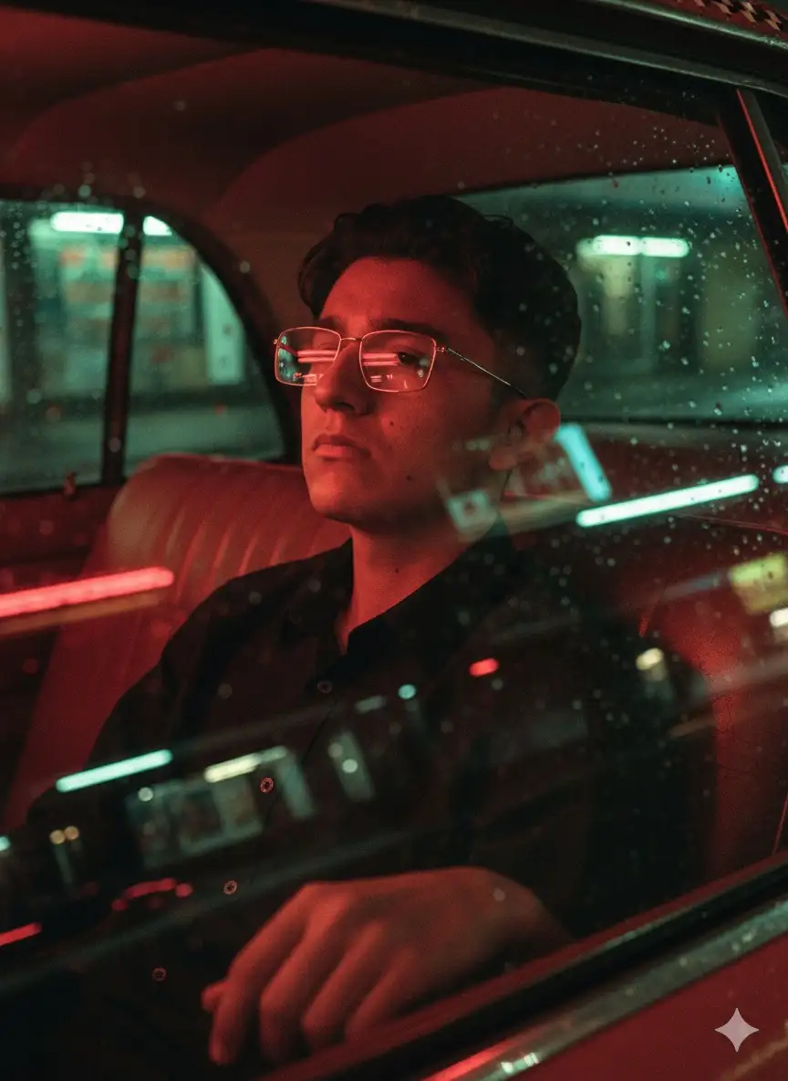 Using this image as reference: generate a hyperrealistic editorial portrait of the same person, preserving facial structure, skin tone, hair texture, and emotional expression with maximum fidelity. Do not remove natural imperfections—freckles, scars, pores, asymmetries, or wrinkles must be preserved to honor the subject’s authenticity and individuality.
The subject is seated inside an old taxi with faded leather seats. His head rests gently against the seat, one hand placed on the edge of the glass. The portrait is shot from outside the vehicle, capturing overlapping reflections across the face and window surface. The jawline and neck are subtly emphasized to create a statuesque, cinematic silhouette.
Red and green neon lights from the city pass by, refracting through the wet glass and casting shifting colors across the subject’s face. He wears a black button shirt. The lighting is soft but dramatic, with deep shadows and glowing highlights that sculpt the face and evoke a sense of urban solitude.
The image tone is rich in red-green contrast, with thick film grain, pronounced motion blur from passing lights, and a hazy glow around the vehicle’s headlights. The composition is vertical (3:4 aspect ratio), close-up or three-quarter framing, with the subject centered or slightly offset. The mood should evoke loneliness, introspection, and the quiet ache of city life—like a cinematic still from a Wong Kar-wai film.
Camera settings:
- Lens: 50mm f/1.4 (for emotional intimacy and cinematic compression)
- ISO: 800
- Aperture: f/1.4
- Shutter speed: 1/60s
- Format: vertical (3:4 aspect ratio)
- Lighting: ambient neon (~3200K red + ~5200K green), refracted through wet glass
- Color grading: red-green contrast, soft glow, heavy grain
- Mood: melancholic, cinematic, emotionally suspended
- Atmosphere: urban night, poetic solitude, editorial realism
--v 5 --ar 3:4 --style raw --quality 2 --ref_photo