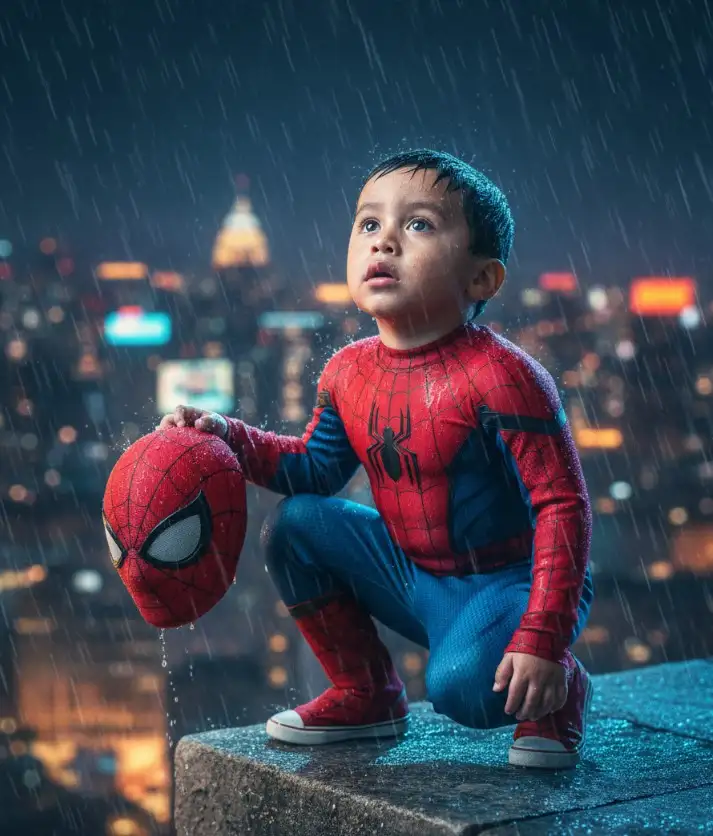 Escena hiperrealista inspirada en una fotografía base de un niño pequeño vestido de Spider-Man, agachado heroicamente en el borde de un edificio con el horizonte de la ciudad iluminado por la noche. El rostro original del niño de la foto base debe conservarse exactamente como es, sin ninguna modificación ni alteración, garantizando una fidelidad total a sus rasgos y expresión naturales. El sostiene la máscara de Spider-Man en una mano, un detalle que realza la narrativa y amplifica la sensación de realismo del niño. La composición está marcada como un primer plano general con un ángulo ligeramente bajo, que transmite escala y asombro, mostrando al niño mirando hacia arriba mientras la lluvia cae dramáticamente. Configuración fotográfica profesional: lente de 50 mm para una perspectiva natural con poca profundidad de campo af/2.0, separando suavemente al sujeto del fondo de la ciudad iluminada por neón, manteniendo al niño con un enfoque ultranítido. La iluminación, diseñada con una luz fría (5600K) desde la parte frontal, resalta las gotas de lluvia, la textura del traje y el brillo de la máscara, equilibrándola con los cálidos reflejos de las luces de la ciudad, creando un contraste dinámico. Las texturas se representan con gran detalle: la tela húmeda del traje de Spider-Man, las gotas de lluvia sobre la piel y el cabello, la superficie rugosa de la cornisa, la máscara en su mano y el vibrante efecto bokeh de neón en la distancia. La paleta de colores enfatiza los azules.