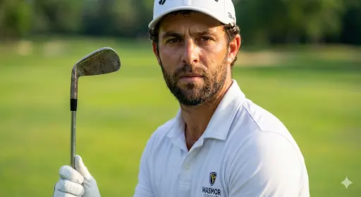 Ultra-realistic sports portrait of a professional golfer on a bright green golf course, holding an upright iron in one hand. He wears a crisp white polo shirt with small sponsor logos, a white baseball cap, short dark hair with slight curls, a trimmed beard, an athletic build, and a serious, focused expression. Natural outdoor lighting, vibrant, blurred green background, shallow depth of field, sharp focus on the face and club, realistic skin texture, sports editorial style, 85mm lens, DSLR quality, cinematic lighting, hyper-detail, 8K resolution.