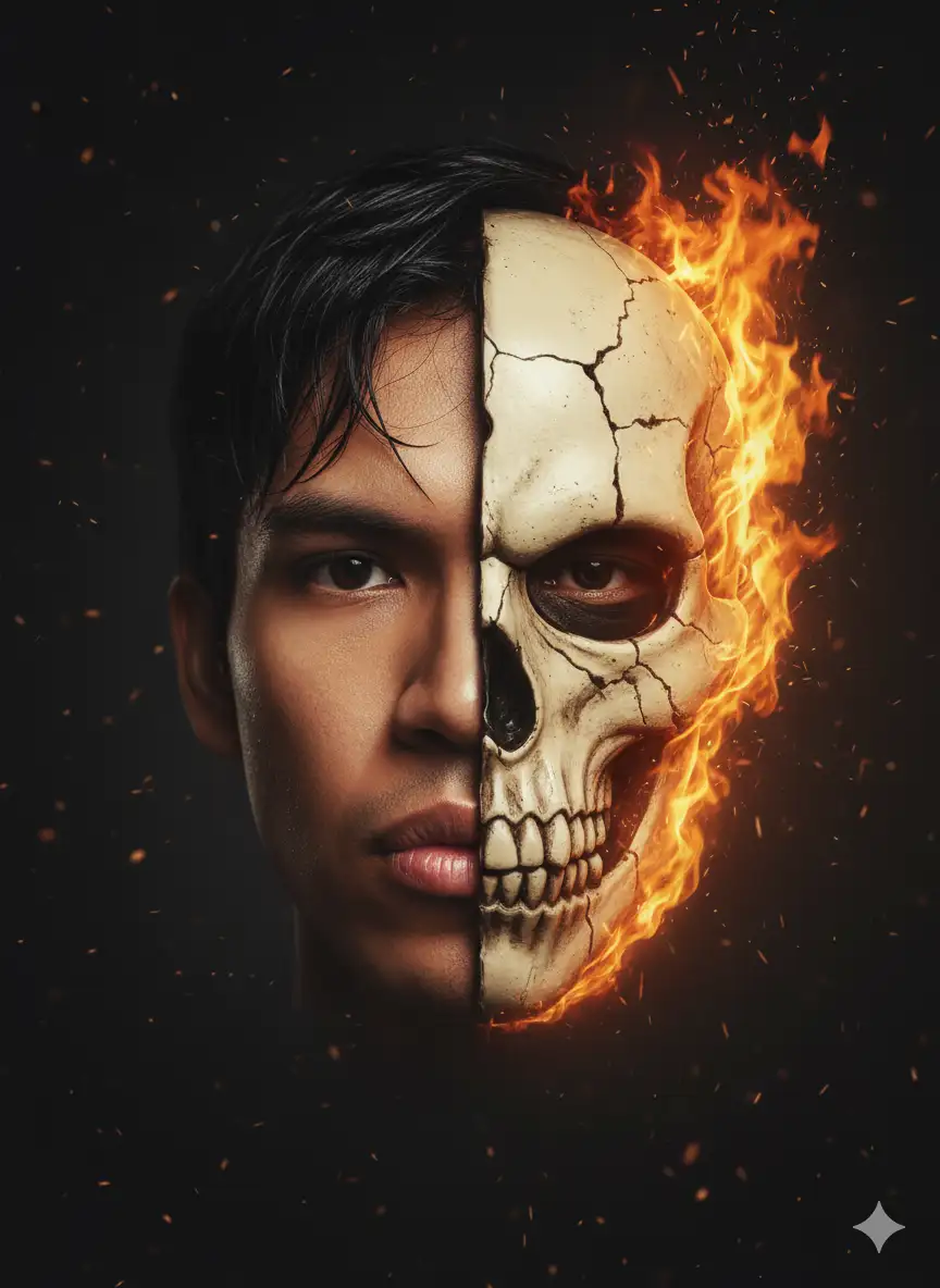 Usa la cara que está sobre la foto subida. Retrato hiperrealista de mí, mantén los detalles exactos, ok mi cara con una expresión intensa, piel luminosa en un entorno oscuro con una iluminación dramática. Sostengo una máscara parecida a una calavera y que coincida con mi cara ,de color crema parcialmente quemada sobre a mi cara. La máscara está agrietada y ardiendo solo un borde con fuego naranja brillante, la otra mitad de mi cara es claramente visible con el cabello mojado y una mirada penetrante. Un fondo oscuro con un flash de ceniza flotante, estilo cinematográfico con una atmósfera misteriosa y emotiva 4k.