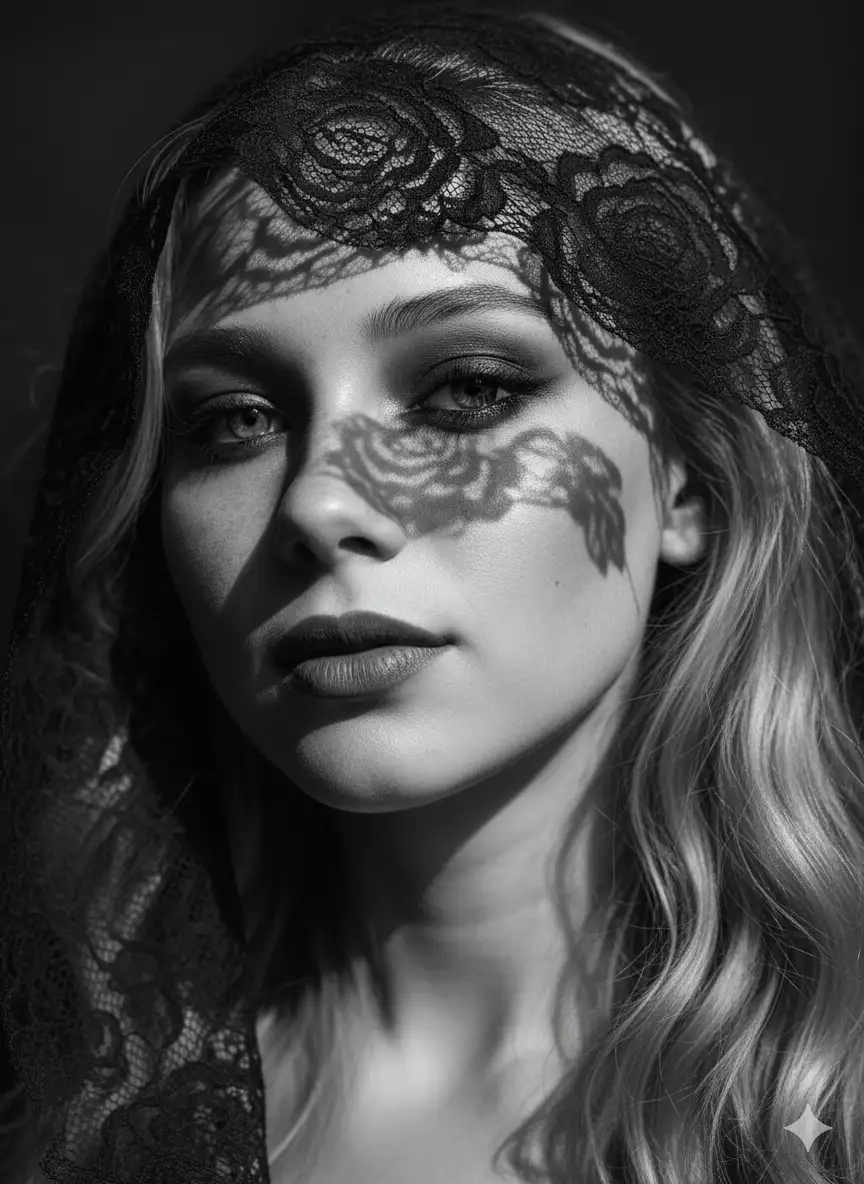 Create a hyper-realistic, 4K monochrome portrait of a young woman with sharp cheekbones and a calm, enigmatic expression. Her face is partially veiled by intricately patterned black lace, which casts dramatic, high-contrast rose shadows across her skin under strong directional lighting. The lace detail should be delicate and clearly defined, creating a poetic interplay of light and shadow across her forehead, eyes, and cheeks. Her makeup is bold-dark, smoky eyeshadow with winged eyeliner and full, matte lips. Maintain her real facial features exactly. Her wavy hair frames her face softly and disappears into a blurred, shadowed background. The aesthetic should be cinematic, moody, and reminiscent of a luxury perfume advertisement. Capture the emotion of mystery, elegance, and silent intensity.