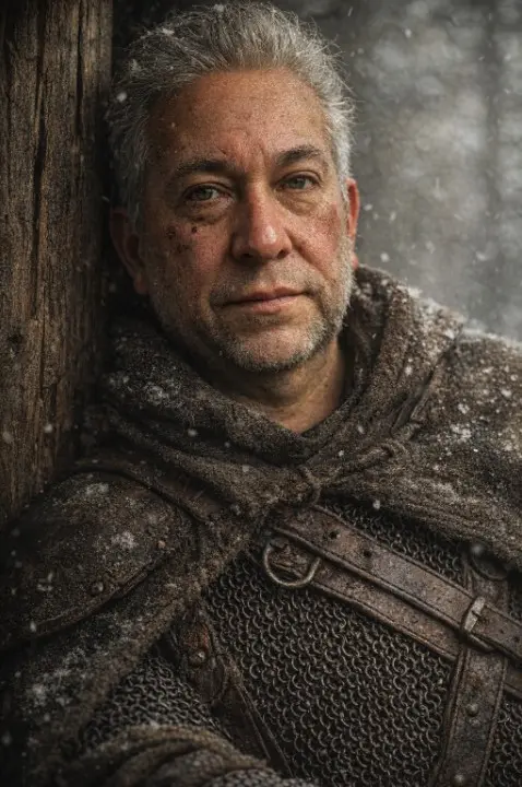 A hyper-realistic cinematic portrait of a seasoned Nordic warrior (male, 40s) leaning against a rough-hewn wooden post. He is covered in layers of authentic materials: heavy, lanolin-rich wool, cracked leather straps, and a chainmail hauberk showing signs of real oxidation and rust. His face is smeared with dried mud and fresh sweat, highlighting deep pores, wind-burned skin texture, and a coarse, unkempt beard with individual grey hairs. Atmospheric elements: light flurries of snow melting on his warm skin. Lighting: Low-angle, moody natural overcast light creating soft, diffuse shadows (softbox effect). The background is a blurred, desaturated winter taiga.
Captured with a Phase One IQ4 150MP BSI CMOS sensor, 85mm portrait lens at f/1.8, ISO 50, using pixel-shift multi-shot mode for sub-pixel detail. Real optical path simulation with anisotropic reflection, SSS on skin, and microfacet surface behavior. Fabric and skin show real-world imperfection: oil, peach fuzz, lens-reflected light, subsurface shadows. Output in linear gamma, ProPhoto RGB, TIFF 16-bit equivalent, color calibrated to D65. No stylization, no post-enhancement, no bloom—raw optical realism at 600 PPI resolution. Sharpness defined by actual diffraction limits.