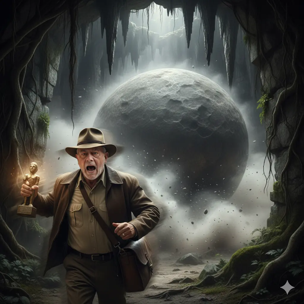 Crea una imagen cinematográfica e hiperrealista, en formato 9:16, vertical de una escena icónica de acción y aventura, probablemente de una película. Muestra a un hombre en primer plano (imagen 1), visible de la cintura para arriba, corriendo desesperadamente hacia el espectador. Detrás de él, una enorme roca esférica lo persigue, llenando gran parte del encuadre y creando una sensación de inminente peligro.
​Detalles del Hombre:
​Vestimenta: Lleva un sombrero fedora de color marrón claro, característico de un explorador o aventurero. Debajo, viste una camisa de manga larga de tono claro (posiblemente beige) y encima una chaqueta de color más oscuro (quizás marrón). Se puede apreciar una correa de cuero cruzándole el pecho, sugiriendo una bolsa o equipo colgado al costado.
​Expresión y Acción: Su rostro está girado ligeramente hacia su derecha (nuestra izquierda), pero su cuerpo está orientado hacia el frente, dando la impresión de que acaba de mirar hacia atrás y ahora se precipita hacia adelante. Su boca está abierta en un grito de asombro o esfuerzo, y sus ojos están bien abiertos, transmitiendo terror y urgencia. Su brazo derecho está levantado y doblado, con la mano cerca de su pecho, y parece sostener un objeto pequeño y brillante que parece ser un antiguo ídolo de piedra. Hay un efecto de desenfoque de movimiento en su cuerpo, especialmente en sus brazos y torso, que refuerza la idea de velocidad y movimiento rápido.
​Contexto del Personaje: Por su atuendo y la situación, el hombre es fácilmente reconocible como un arquetipo de héroe de acción, muy similar a Indiana Jones.
​Detalles de la Roca Esférica:
​Tamaño y Posición: La roca es masiva, ocupando el lado derecho y central-trasero de la imagen. Parece estar rodando rápidamente.
​Textura y Color: Es de color gris claro, con una superficie que parece lisa pero tiene algunas irregularidades, consistentes con una roca natural. En la parte superior y detrás de ella, se observa una nube de polvo o vapor blanco, lo que indica su movimiento a gran velocidad y el impacto que está generando al rodar.
​Amenaza: La cercanía de la roca al hombre y su gran tamaño enfatizan el peligro mortal que representa.
​El Entorno (La Cueva o Templo):
​Techo y Paredes: El fondo sugiere un espacio cerrado, como una cueva, un túnel o un pasaje en un templo antiguo. El techo está cubierto de formaciones rocosas puntiagudas o estalactitas, y se aprecian algunas raíces colgantes o enredaderas gruesas en la parte superior derecha e izquierda, que se extienden hacia abajo.
​Iluminación: La iluminación es dramática. La escena es generalmente oscura, pero hay destellos de luz que resaltan al hombre y la nube de polvo detrás de la roca. Esto crea un ambiente tenso y misterioso, típico de una aventura en un lugar oculto.
​Textura del Entorno: Las paredes parecen irregulares y rocosas, con algunas áreas cubiertas de musgo o vegetación de cueva, especialmente en la parte inferior derecha.
​Atmósfera General:
​La imagen irradia una intensa sensación de peligro, adrenalina y huida desesperada. El desenfoque de movimiento, la expresión de pánico del hombre y la roca gigante persiguiéndolo, combinados con el ambiente claustrofóbico de la cueva, crean una escena de acción memorable y de alta tensión.
Crea la imagen manteniendo totalmente íntegros todos los rasgos físicos y corporales del rostro de la foto adjunta.