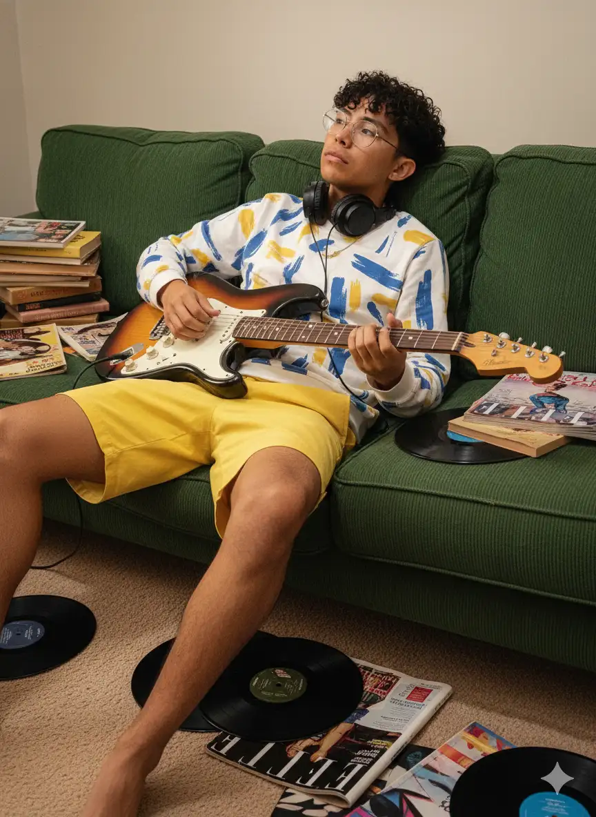 Using the uploaded photo as reference for facial features, pose, and identity, generate a hyperrealistic editorial-style portrait of the same person lounging on a green corduroy sofa, holding an electric guitar. The person wears a white long-sleeve shirt with blue and yellow accents, yellow shorts, and has black headphones resting around their neck. Their gaze is directed upward, evoking a sense of introspection or creative daydreaming.
Surrounding the sofa on the carpeted floor are several books, vinyl records, and magazines. One magazine features the title “ELLE.” The books are varied in size and color, some open and others stacked casually. The composition should feel relaxed and artistically rich, capturing the mood of personal expression and cultural immersion.
Lighting: soft and warm, enhancing the textures of the sofa, clothing, guitar, and printed materials. Shadows should be gentle but present, adding depth and emotional warmth to the scene.
Camera simulation: full-frame DSLR, 50mm lens, f/2.0 aperture, ISO 400. Moderate depth of field to keep the subject in sharp focus while softly blurring the foreground and background. Skin texture should be natural and detailed, with warm highlights and soft shadows.
Style: editorial portrait with artistic and lifestyle undertones. Inspired by youth culture, musical introspection, and domestic creativity. The image should evoke freedom, imagination, and emotional grounding.
Color grading: warm tones with a matte finish. Preserve skin realism while enhancing the contrast between the green sofa, yellow shorts, and printed materials. Avoid over-saturation.
Atmosphere: relaxed, creative, and emotionally rich. The subject should feel like a young artist immersed in a personal moment—evoking themes of inspiration, cultural identity, and quiet rebellion.
