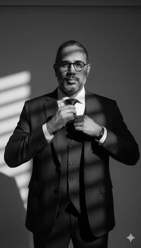 Cree un retrato cinematográfico en blanco y negro de mí ajustándome la corbata con un traje clásico a medida. Me encuentro de pie, seguro de mí mismo, en un estudio con una fuerte iluminación lateral, similar a la de Rembrandt, que crea un alto contraste.
Rayos horizontales de luz (como la luz que se filtra a través de las cortinas) crean sombras en mi rostro y en el traje. Mi expresión es tranquila y segura, irradiando elegancia y determinación.
Estilo fotográfico de alta costura, composición minimalista, simétrica y muy detallada. Ultrarrealista.
Relación de aspecto 9:16
