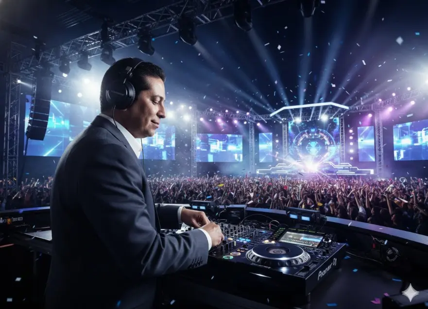 crear con mi foto un dj tipo de película en con sus audífonos y su mezcladora y su público atrás