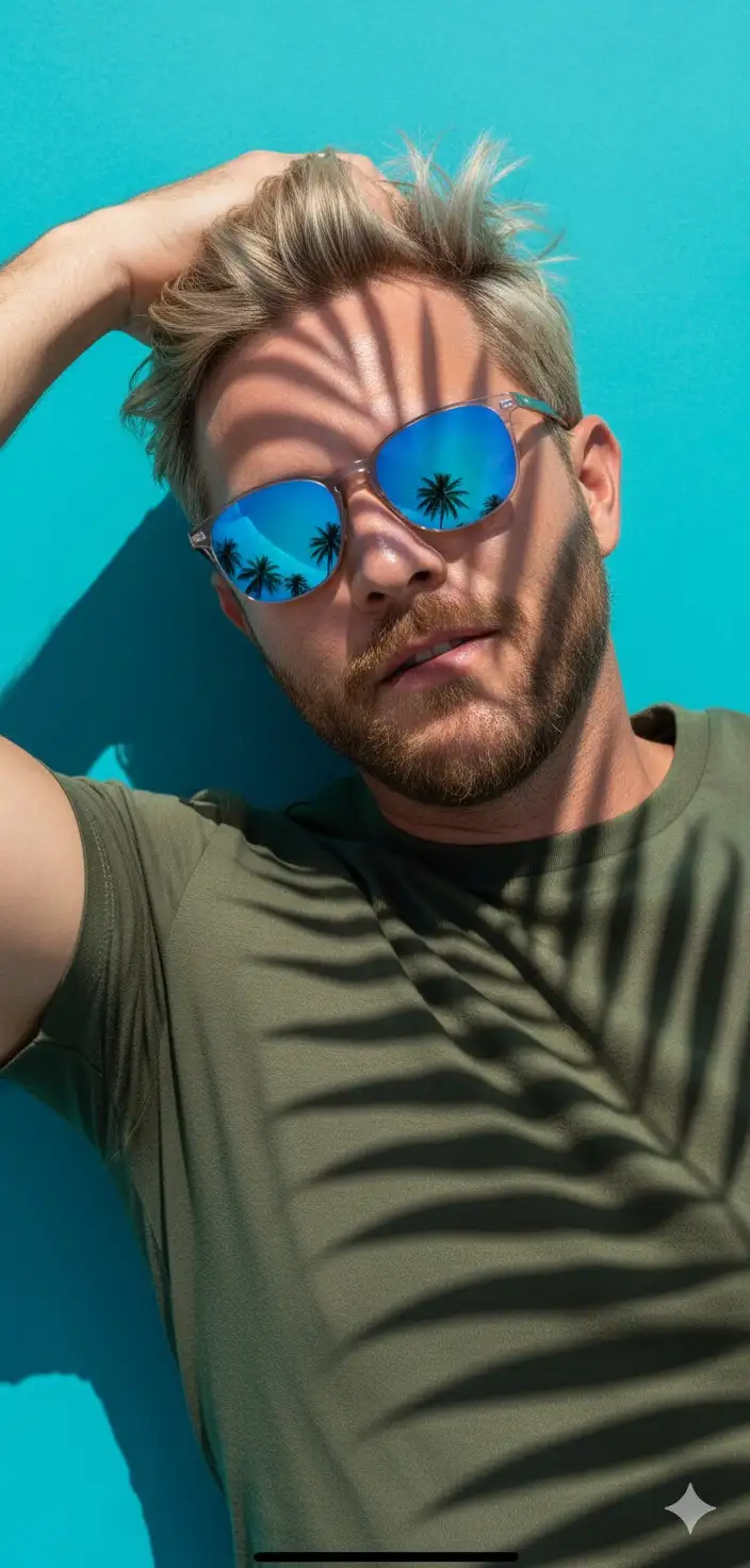 "Photorealistic portrait of a man lying on a turquoise surface under intense sunlight, with shadows of palm leaves projected over his face and body. He wears mirrored sunglasses with blue lenses, reflecting palm trees and sunny sky. The man has blonde hair, beard, slightly messy, and has a relaxed and confident expression, with one of his hands running through his hair. He wears a tight olive green T-shirt.

Sunlight creates strong contrasts and striking tropical shadows from the leaves, adding texture and depth to the scene. The background is smooth and vibrant in a turquoise tone, conveying a modern and stylized summer atmosphere. The style is cinematic, realistic and contemporary, with bright colors, direct natural lighting, and clear focus on the face and reflections of the glasses. Men's fashion editorial style, 8K quality, studio realism with tropical and sophisticated atmosphere. Don't change facial features