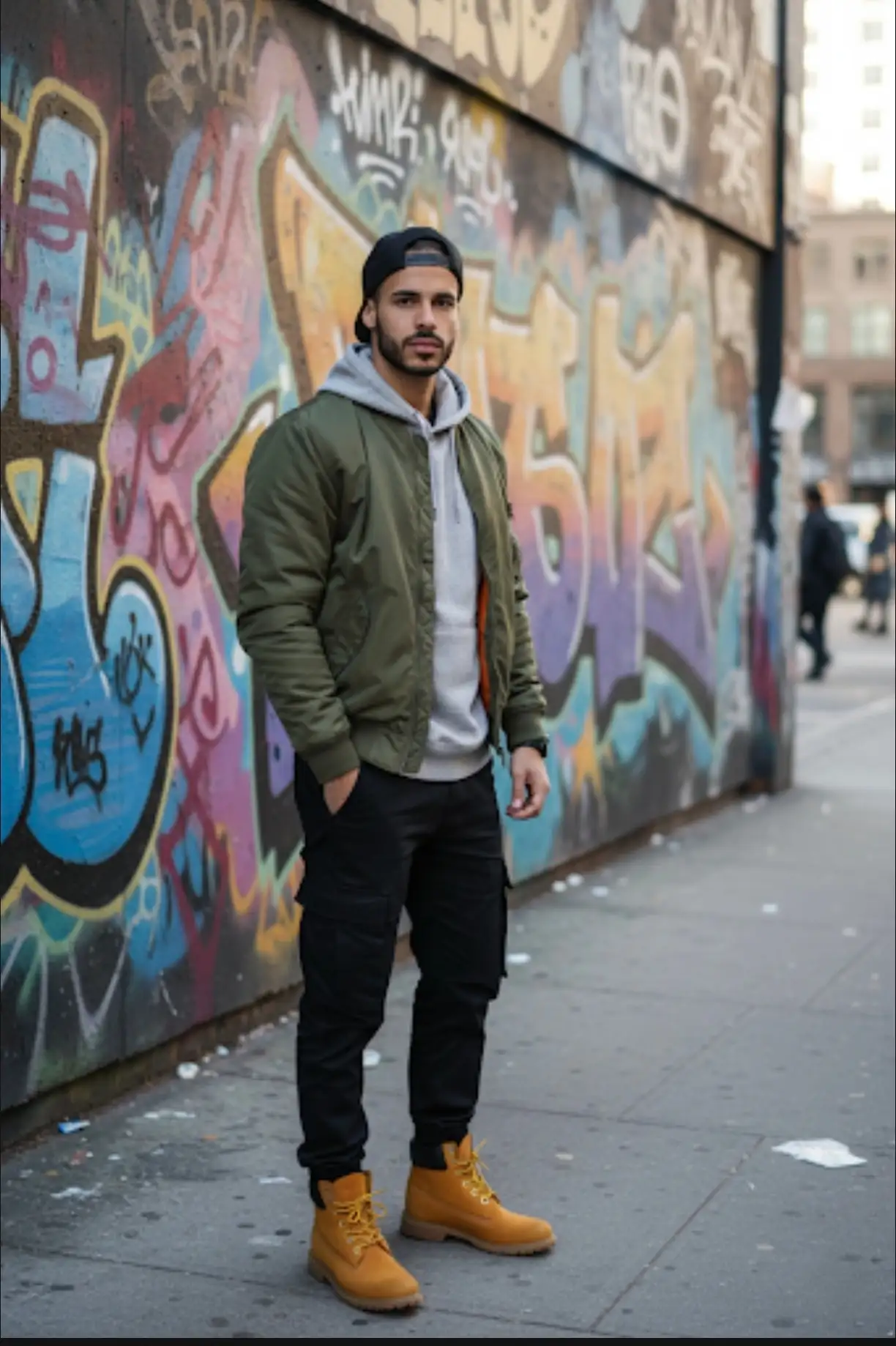 Estilo urbano Manten el rostro sin cambiarlo o modificarlo
Cabello: Corto con gorra hacia atrás.

Ropa: Hoodie gris con bomber verde oliva, pantalón cargo negro, botas Timberland mostaza.

Estilo: Streetwear clásico urbano.

Lugar: Calle con grafitis, ambiente de ciudad.