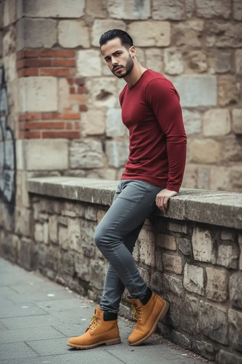 Crea un retrato cinematográfico de cuerpo completo de mí en un entorno urbano melancólico con texturas de piedra y ladrillo en el fondo. Debo estar apoyado con confianza en un muro de piedra bajo, girándome ligeramente hacia la cámara con una mirada intensa y segura de mí mismo.

Atuendo: una camiseta 

pegada al cuerpo roja larga 
Cabello para arriba 

 pantalones gris
 pegado al cuerpo  y zapatos 

Tinberlank 

  La iluminación debe ser natural pero difusa, proyectando sombras suaves que mejoren el estado de ánimo dramático manteniendo los detalles claros. La estética general debe sentirse audaz, elegante y moderna. Mantén mi rostro 100% idéntico al de la imagen de referencia.