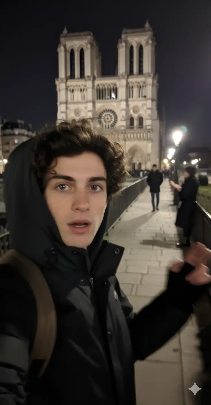 Please draw an extremely ordinary and unremarkable iPhone selfie, with no clear subject or sense of composition — just like a random snapshot taken casually. The photo should include motion blur, with uneven lighting caused by sunlight or indoor lights resulting in mild overexposure. The angle is awkward, the composition is messy, and the overall aesthetic is deliberately plain — as if it was accidentally taken while pulling the phone out of a pocket. The subjects are [uploaded photo], taken at night, next to the [Notre Dame]. Don't change facial features