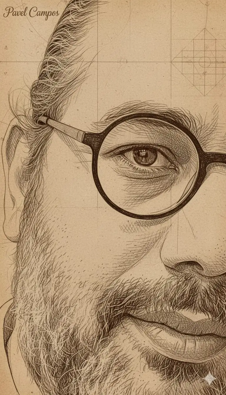 Transforme la imagen cargada en un boceto detallado grabado a mano con finas líneas cruzadas, fondo de papel con textura sepia suave, superposiciones de líneas técnicas sutiles y tono de ilustración vintage”. "PAVEL CAMPOS, como fuente del estilo de firma, en la posición media izquierda superior casi en el borde de la imagen", papel con textura sepia suave vintage" no funciona si se elimina 1 carácter