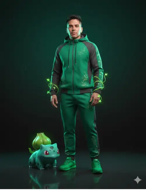 Crie um retrato editorial hiper-realista de uma pessoa, gerado a partir de la imagen fornecida (mesmo rosto 100%, mesmo penteado, expressão preservada). El sujeto está de pie con confianza sobre un piso reflexivo e brillante, vestido con un conjunto coordinado en toneladas de verde-esmeralda y carvão (jaqueta ou moletom com capuz e calça jogger alfaiatada), con líneas inspiradas en hojas y sutis bordados de motivos botánicos ao longo das mangas, peito e costuras da calça. Tenis verde-esmeralda combinando completam o visual. Al lado e interactuando con el sujeto está un Bulbasaur hiperrealista de tamaño pequeño, con piel verde texturizada, manchas detalladas y bulbo en las costas con apariencia naturalista, cheio de vida y sutis veios luminosos. El Bulbasaur puede interactuar de formas diferentes: • sentado al lado de los pies de la persona olhando para cima, • apoiado levemente na perna com expressão amigável, • ou soltando vinhas delicadas do bulbo que envolvem sutilmente o braço ou a mão do sujeito, criando um efeito fashion e orgânico. El fondo es un gradiente de verde-esmeralda para carvão profundo, criando un clima editorial cómodo; o reflexo no piso muestra tanto o sujeito quanto o Bulbasaur. La iluminación utiliza luz principal suave y natural, con luz de contorno verde que realza los detalles de la piel, el bulbo y el tejido. El efecto incluye profundidad de campo cinematográfico raso, leve granulación de película para dar aspecto editorial, integración fotorrealista de criaturas y calidad ultra detallada en 8K.