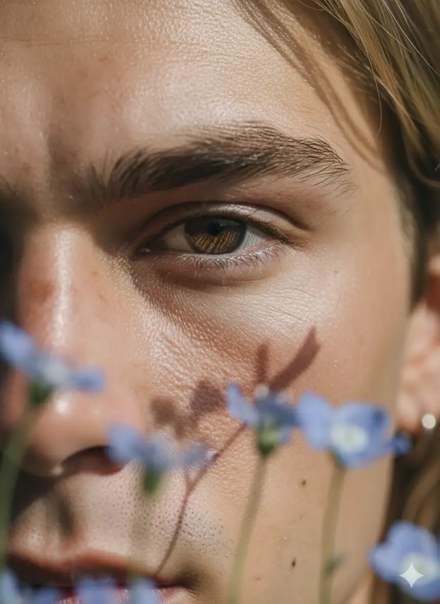 Extreme close-up macro portrait focusing intensely on the right eye of a young man [reference man on the photo]. The man has bright brown eyes and sun-kissed, dewy skin. Harsh, dramatic sunlight casts deep, textured shadows across his face, specifically from tiny blue wildflowers which are blurred in the foreground. The background is a solid, clear sky blue. High-resolution, cinematic, hyper-detailed photography with high contrast, emphasizing skin texture and the intense gaze.