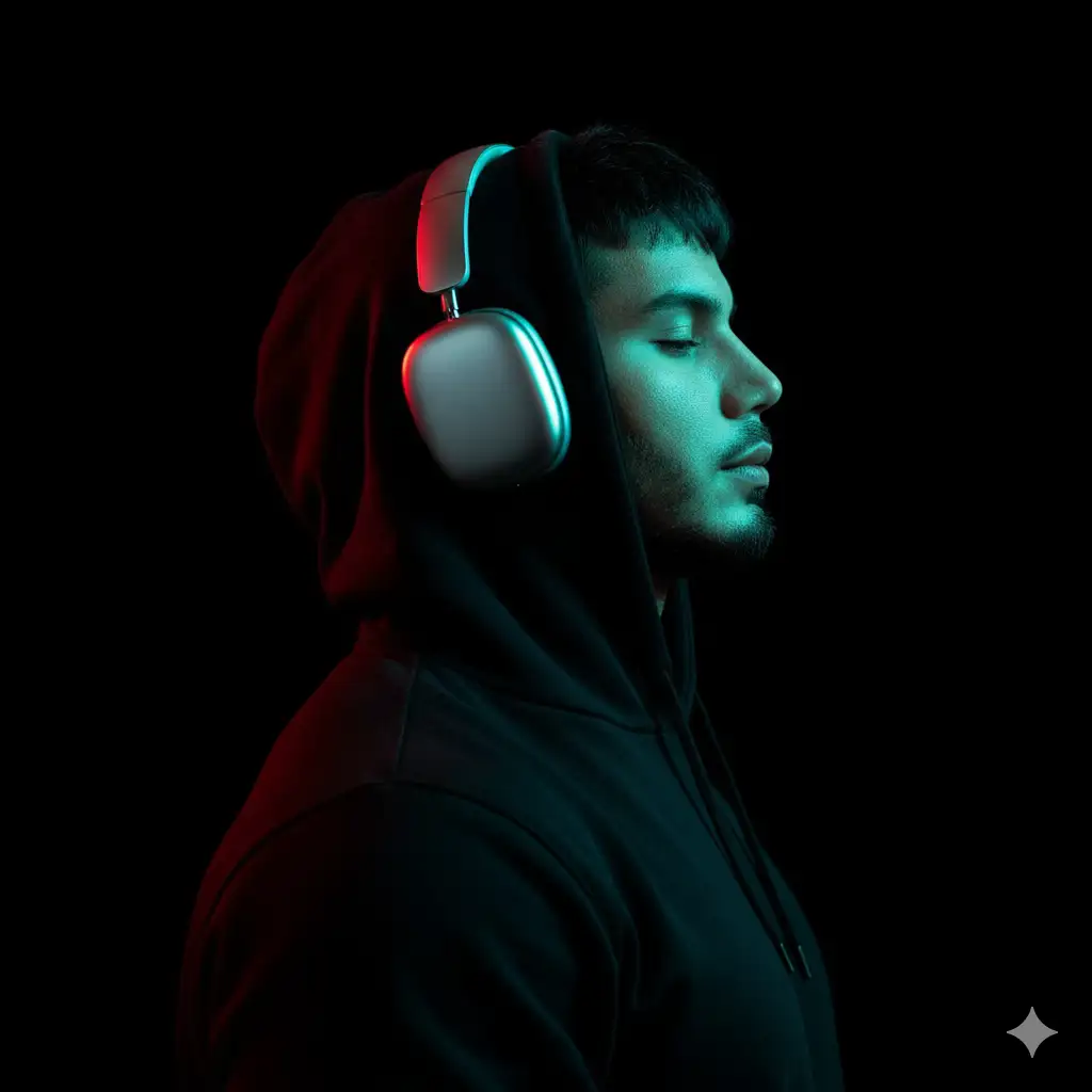 Side profile portrait of the person from the input photo, facing right, eyes closed, calm expression, on a pure black background. Plain hoodie with the hood up and Apple AirPods silver over-ear headphones.

Lighting: Dual Neon - Cyan/Turquoise key light from the front right and vivid red rim light from the opposite side; high contrast, pronounced rim glow, glossy reflections on the headphones, soft cinematic bloom. Photo realistic, subtle beauty retouch, shallow depth of field (F/2), minimal, no other elements.