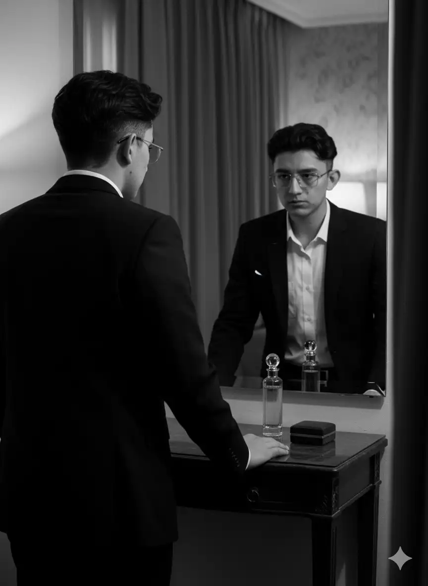 Make a dramatic black and white photo showing of a young man. The man was standing in front of the mirror, wearing a dark formal suit and a white shirt.

The man faced the mirror, while the camera captured him from behind, highlighting his back and the reflection of his serious face in the mirror. The tubu pose is slightly hunched over and the man's hands touch the table, giving an elegant and confident impression

Lighting focuses on the face and the front of the body through mirror reflections, with intense shadows surrounding the right and left sides, creating a mysterious and artistic atmosphere.

The background of the room looks like a hotel room or an exclusive dressing room, with a small table and a perfume bottle at the bottom of the picture. Classic visual style, high contrast, full of dramatic nuances and cinematic aesthetics.

Ratio 9:16