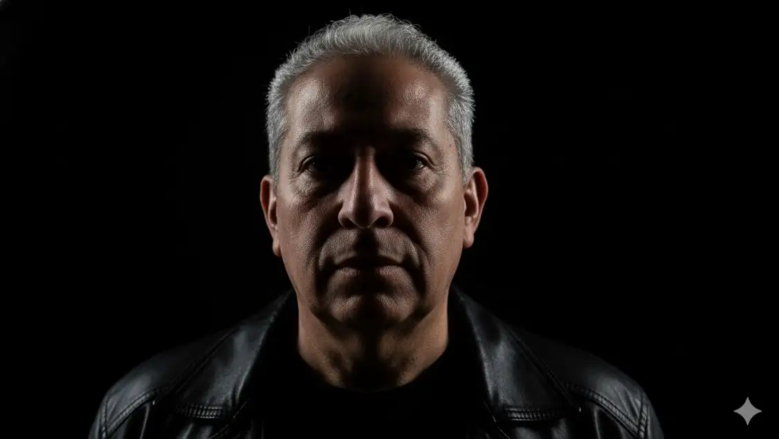 Luz y Sombras Dramáticas Retrato de un hombre con iluminación lateral intensa, fotografía claro estiloscuro, retrato cinematográfico, alto contraste, sombras texturizadas, luz artística de estilo fine art, fondo negro, tono dramático y editorial, lente 85 mm, f1.4, textura de piel realista —ar 3:4 —v 6 —style raw —q 2 —s 250