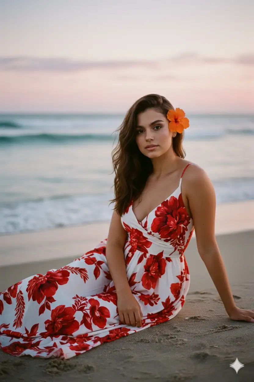 create a ultra-realistic outdoor portrait of a young woman sitting gracefully on the beach at sunset. She wears a flowing white dress with bold red floral patterns. A bright orange tropical flower is tucked behind her ear, adding a touch of elegance. Her hair falls naturally over her shoulders, complementing the romantic vibe. The ocean waves and horizon glow softly under a colorful evening sky with pink, purple, and blue tones. Lighting is soft and cinematic, highlighting her face and dress while keeping the background dreamy. Photorealistic, professional fashion photography style, 4K resolution. Don't chnage facial features