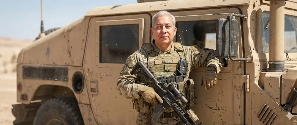 con mi foto Genera una imagen cinematográfica hiperrealista en calidad 16K, estilo IMAX, utilizando esta escena como referencia visual, donde el sujeto principal será reemplazado por una foto de referencia, conservando de manera absoluta y verificable el 100% de su fisionomía real. El rostro debe reproducir con precisión fotográfica total los rasgos faciales, proporciones óseas, expresión, volumen corporal y textura real de la piel, con poros visibles, micro imperfecciones naturales, ligeras variaciones cromáticas, transiciones tonales suaves y comportamiento realista de la luz sobre la epidermis, sin apariencia digital, sin suavizado artificial y con profundidad óptica física. Ajustar el contraste local del rostro para realzar relieves anatómicos, pómulos, mandíbula y puente nasal, reforzando nitidez selectiva especialmente en los ojos, con enfoque preciso, brillo ocular natural y micro detalles en pestañas y cejas, manteniendo un desenfoque progresivo natural en el resto del plano. 
La escena se desarrolla en un entorno táctico militar exterior en zona árida. El sujeto se apoya parcialmente en la puerta abierta de un vehículo todoterreno militar color arena, con carrocería metálica de uso intensivo, pintura erosionada, abrasiones en bordes, polvo acumulado en ranuras, tornillería expuesta y reflejos especulares controlados con respuesta física realista. La postura es firme y natural, transmitiendo alerta operativa y tensión contenida.
El vestuario consiste en uniforme táctico de combate en patrón desértico, con chaleco balístico modular de alta densidad fabricado en tejido técnico tipo Cordura. Aumentar de forma extrema el micro detalle en bordados y parches del chaleco: fibras textiles individuales visibles, hilos entrelazados con relieve real, bordes ligeramente deshilachados por uso, variaciones mínimas de color en el bordado, costuras reforzadas con puntadas
irregulares naturales, velcros con micro ganchos visibles y acumulación de polvo en las texturas. En el pecho del chaleco, de forma perfectamente legible e integrada, incluir un parche identificativo bordado con el nombre “EL FER”, escrito en perfecta ortografía, y sin errores de escritura, mostrando volumen textil realista, relieve preciso, sombras de contacto y alineación profesional. El chaleco incorpora porta cargadores con cargadores metálicos parcialmente expuestos, radio de comunicación con carcasa plástica mate micro texturizada, rejilla frontal detallada, botones funcionales, clip de sujeción y cable espiralado con curvatura física real.
El arma es un fusil de asalto moderno de plataforma táctica, descrito con máximo rigor técnico y énfasis en texturas metálicas: receptor superior e inferior de aluminio anodizado y polímero reforzado en acabado negro mate, con micro rayaduras longitudinales, desgaste en aristas, ligeros brillos especulares controlados y acumulación mínima de polvo; guardamanos modular con sistema de riel tipo Picatinny o M-LOK, mostrando mecanizado industrial preciso, ranuras profundas, tornillos visibles y sombreado de cavidades; cañón metálico con acabado fosfatado, respuesta térmica realista y reflejos suaves; empuñadura ergonómica con patrón antideslizante claramente definido; culata telescópica ajustable con polímero reforzado, puntos de anclaje visibles y marcas de uso; cargador insertado con curvatura real, superficie satinada y reflejos coherentes; óptica montada en riel con cuerpo metálico, lentes con tratamiento antirreflejo, reflejos sutiles, ligera distorsión óptica y profundidad real. El arma debe integrarse con peso creíble, tensión en correas y contacto físico natural con guantes tácticos de tela reforzada, mostrando fibras, costuras gastadas y pliegues por presión.
La iluminación es solar directo de mediodía, dura y direccional, generando sombras definidas y contraste cinematográfico, con etalonaje cálido tipo película IMAX. Añadir grano cinematográfico IMAX sutil, fino y orgánico, distribuido de forma uniforme sin degradar el detalle. Aumentar la profundidad atmosférica mediante partículas ambientales realistas: polvo suspendido en el aire, micro partículas iluminadas por el contraluz, ligera neblina térmica y gradientes de profundidad que refuercen la escala y realismo espacial. El fondo debe mantenerse ligeramente desenfocado con bokeh natural y comportamiento óptico físico, conservando información visual sin competir con el sujeto. El render debe simular comportamiento físico real de la luz, con reflejos especulares precisos, sombras coherentes, refracción mínima y una estética completamente fotorrealista, 100% humana, indistinguible de una fotografía real de cine de gran formato. EN FORMATO 21:9