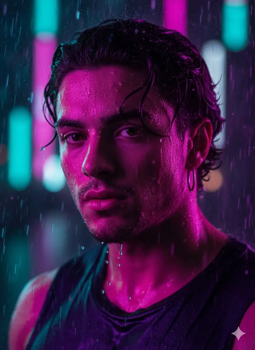 Ultra-detailed portrait of a man under neon rain. His face is wet, shiny, and lit by vibrant. pink, purple, and electric blue neon lights. Moody and cinematic aesthetic, water droplets on skir and hair. Bokeh background, shallow depth of field .dramatic lighting, emotional and dreamy look.