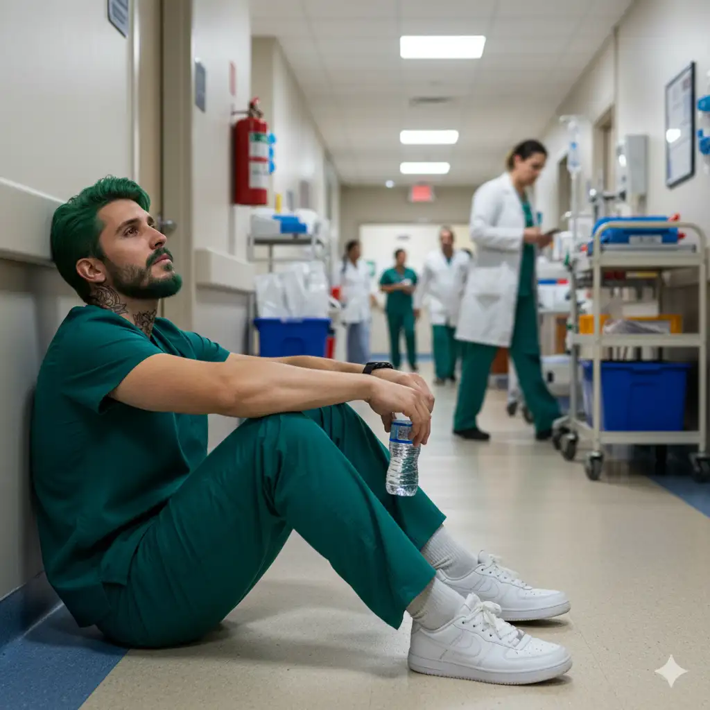 A young Athletic person (use the uploaded picture as reference for the face), likely a medical professional, sits slumped in a hospital hallway. Photorealistic. the person wears a surgery-green scrub top and pants with white sneakers. Their expression is weary and tired, with dark circles under his eyes. The person is holding a plastic water bottle. The hospital hallway is light grayish-tan; the floor is a beige. Other medical personnel are visible walking in the background, and some medical equipment and supplies are seen along the walls and on carts. A fire extinguisher hangs on the wall.  The light is neutral, and the overall impression is one of exhaustion and the stresses of a long shift. Focus is on the subject, making the background slightly out of focus, yet sharp enough to portray a hospital environment.