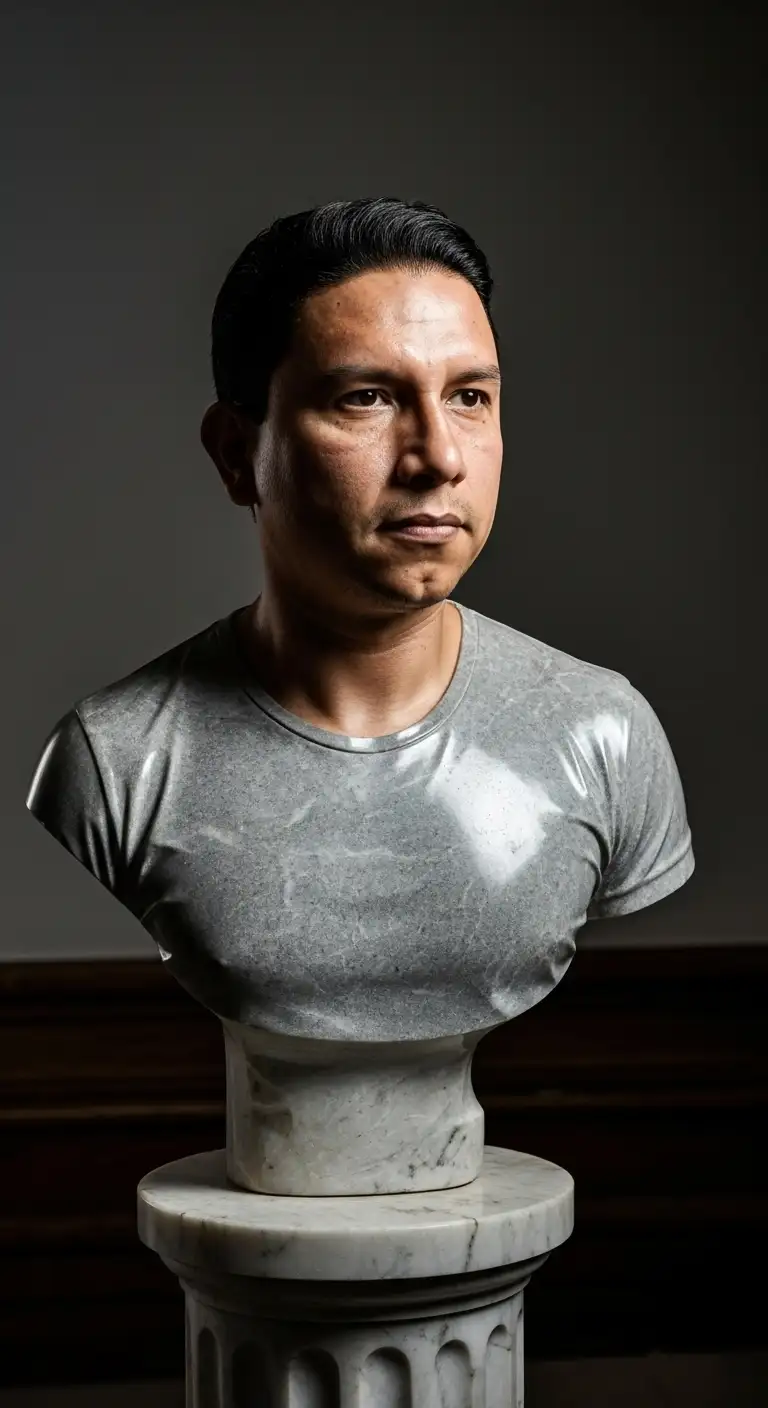 A photorealistic image of an ultra-detailed half-body sculpture of the subject on a marble pillar, crafted from glossy marble. The sculpture should feature a smooth, reflective marble surface, enhancing its shine and craftsmanship. The design is elegant and enhances the beauty and depth of the marble. The lighting in the image should highlight the contours and textures of the sculpture, creating a visually striking and captivating effect.