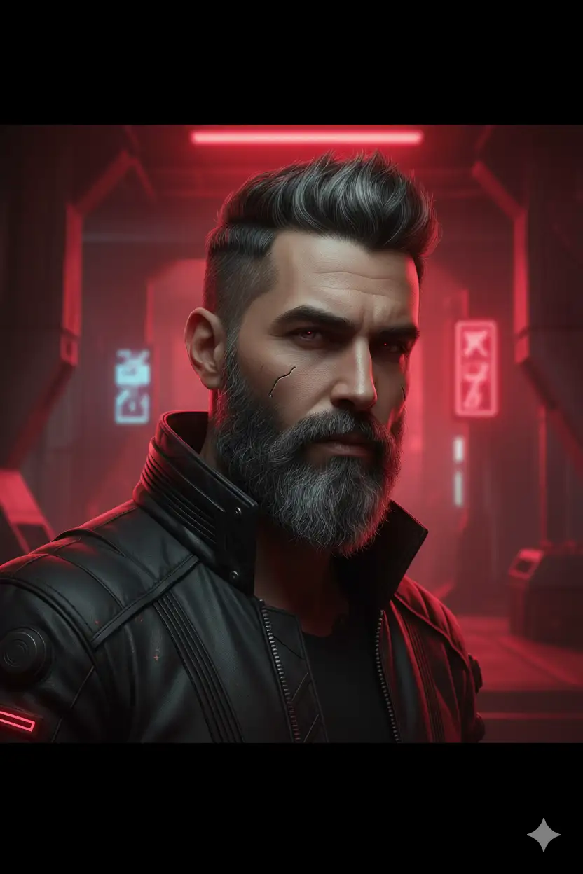 Cabello: Corto y peinado hacia arriba, con canas.

Barba: Poblada con gris marcado.

Ropa: Chaqueta negra futurista con gafas rojas de estilo cyberpunk.

Estilo: Cyberpunk / Sci-fi.

Lugar: Interior futurista estilo