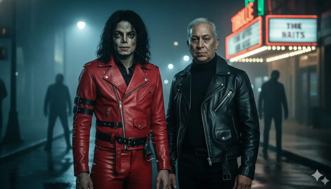 crea una cena dinámica y nostálgica en el estilo de los videoclips "Thriller" у "In the Night" de Michael Jackson, capturando la esencia de los años 1980 (manteniendo el 100% de fidelidad facial de ambos, sin alterar las características faciales, ojos, boca, nariz, tono de piel, cabello, barba, mandíbula y proporciones originales). La imagen debe presentar al chico de la foto a la derecha, al lado de Michael Jackson. Michael Jackson debe estar usando una icónica caja de cuero rojo con detalles negros y pantalones rojos a juego, similar a la ropa de la foto. El chico debe usar ropa de cuero negro, deben tener la piel pálida y agrietada con toneladas de gris y verde claro, como un zombie. Tus ojos deben estar arregados e inyectados, con un brillo sobrenatural. (Ambos deben tener expresiones oscuras, como si fueran útiles.) Alrededor de la cena, hay un ambiente que remitió a un antiguo set de rodaje o una calle nocturna de los años 1980, con iluminación dramática. No hay fondo, sutilmente visible, está la fachada de un cine con un letreirovintage. La imagen debe tener un tono cinematográfico, con núcleos vibrantes y un nivel granulado para evocar la estética de la época. La resolución debe ser 8K, centrándose en la alta definición y detalles realistas del rostro de los sujetos, con otros zombies detrás de ellos, ligeramente borrados".