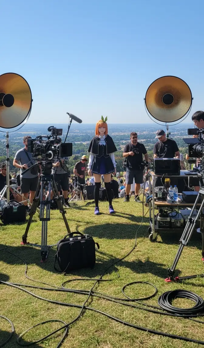 Personaje realista en filmación al aire libre, cámaras en trípodes, reflectores dorados, cielo despejado, equipo de filmación alrededor, sensación de gran producción cinematográfica