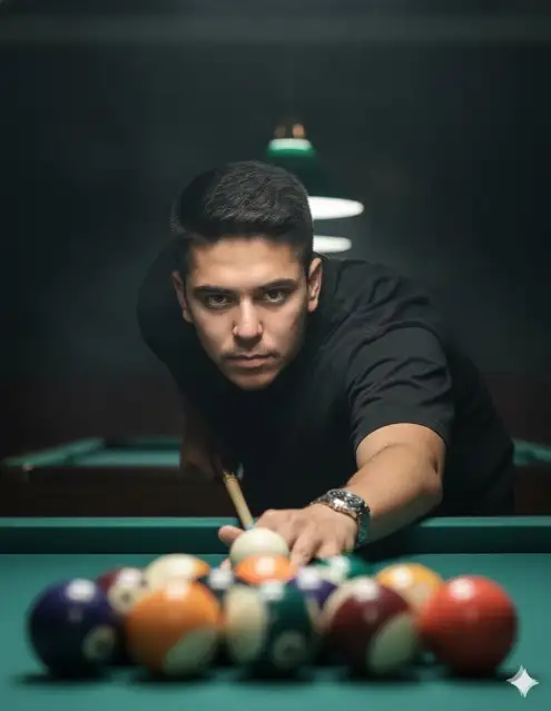 Grita un ultrarrealista 8K
Retrato cinematográfico de un hombre jogando sinuca, capturado de una perspectiva de ángulo bajo. Ele está inclinado para a frente com foco intenso, alinhando uma tacada com o taco apontado directamente para a bola blanca. Estás viendo una camiseta preta grande y un reloj de pulso clásico en la mano, segurando o taco.
As bolas de bilhar estão dispostas à sua frente, com uma profundidade de campo rasa enfatizando su olhar penetrante.