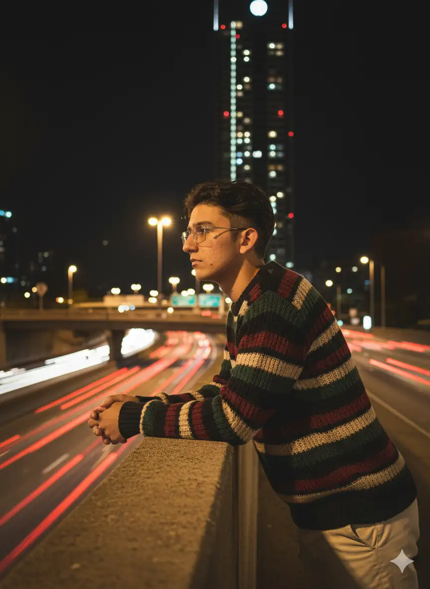 Using this image as reference: generate a high-end editorial portrait of the same person, preserving facial structure, skin tone, hair texture, and emotional expression with maximum fidelity. Do not remove natural imperfections. Asymmetries must be preserved.
The subject leans on the concrete railing of an urban overpass at night, dressed in a striped sweater with horizontal bands of red, black, beige, and green, paired with light-colored pants. The pose is contemplative, with the gaze directed into the distance, evoking solitude and introspection. The background features a cityscape with a tall building illuminated by scattered window lights and external glows. Below, a busy road pulses with blurred headlights and taillights, creating streaks of motion and warmth.
The composition is medium shot, slightly low angle, with the subject positioned off-center. The lighting must simulate real-world street illumination—warm yellow-orange tones from streetlights and passing cars, casting soft shadows and golden highlights across the face, clothing, and railing. Hair must retain its natural texture and subtle glow from ambient light.
The overall mood is urban, moody, and emotionally layered—suggesting a quiet moment of reflection amid the chaos of the city. The image should feel like a cinematic still from a coming-of-age film or a fashion editorial rooted in real life.
Camera settings:

- Lens: 50mm f/1.4
- ISO: 400
- Aperture: f/1.4
- Shutter speed: 1/125s
- Format: vertical (1080x1920)
- Lighting: warm ambient streetlight simulation (~3200K), with realistic shadows and glow
- Color grading: golden tones with deep blacks and soft city highlights
- Mood: introspective, cinematic, grounded
- Atmosphere: urban, emotionally quiet, visually rich
--v 5 --ar 3:4 --style raw --quality 2 --ref_photo