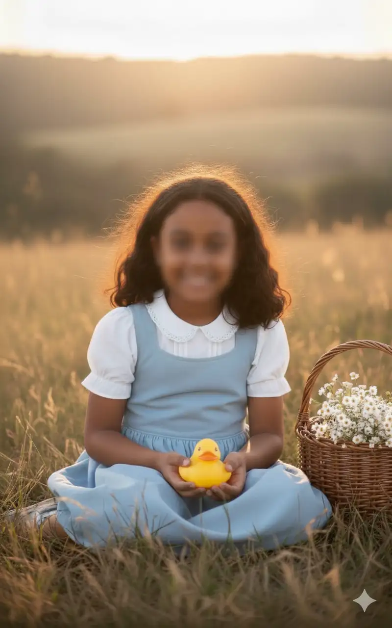 Plano medio a la altura de los ojos de una niña de entre 7 y 10 años, con el pelo negro SUELTO  despeinado. Está sentada con las piernas cruzadas sobre la hierba alta y seca, mirando AL FRENTE O A LA CAMARA con una sonrisa amable. Lleva un vestido azul claro tipo pichi sobre una blusa blanca de manga corta con cuello de encaje. En sus manos, sostiene con delicadeza un pequeño patito amarillo. Junto a ella, en el suelo, hay una cesta rústica tejida rebosante de flores blancas. El fondo presenta un paisaje desenfocado, con la hora dorada y colinas onduladas, que sugiere un entorno rural o natural. La iluminación es cálida y difusa, resaltando a la niña y su entorno. Estrictamente prohibido modificar el rostro y los rasgos faciales.