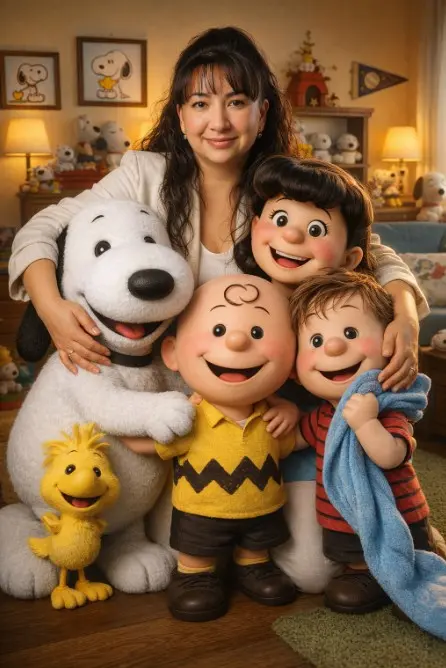 esta mujer, posando y abrazando a los personajes de Snoopy tamaño real estilo 3D mirando hacia la cámara.
esta mujer viste un conjunto de lino
Frente a ella estan los personajes principales de Snoopy con emoción.
La escena ocurre en una habitación al estilo Snoopy, iluminación suave y profesional, luz lateral que resalta las texturas y volúmenes.
Estilo hiperrealista, ultra detallado, profundidad de campo, enfoque nítido, colores vibrantes, alta calidad, realismo mágico, composición vertical, 4K