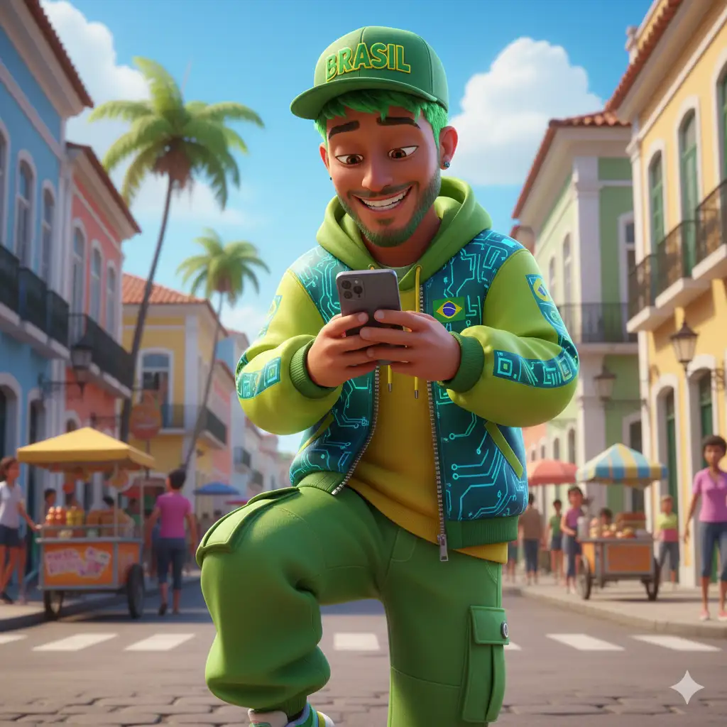 3D animated young person (use the uploaded picture as reference for the face), smiling, wearing streetwear in green and yellow tones with technologie patterns, cap with BRASIL logo, dynamic pose, vibrant lighting, cartoon style of a multi-racial using their smartphone on a busy street corner, inspired by Disney and Pixar, in the streets of Salvador da Bahía.