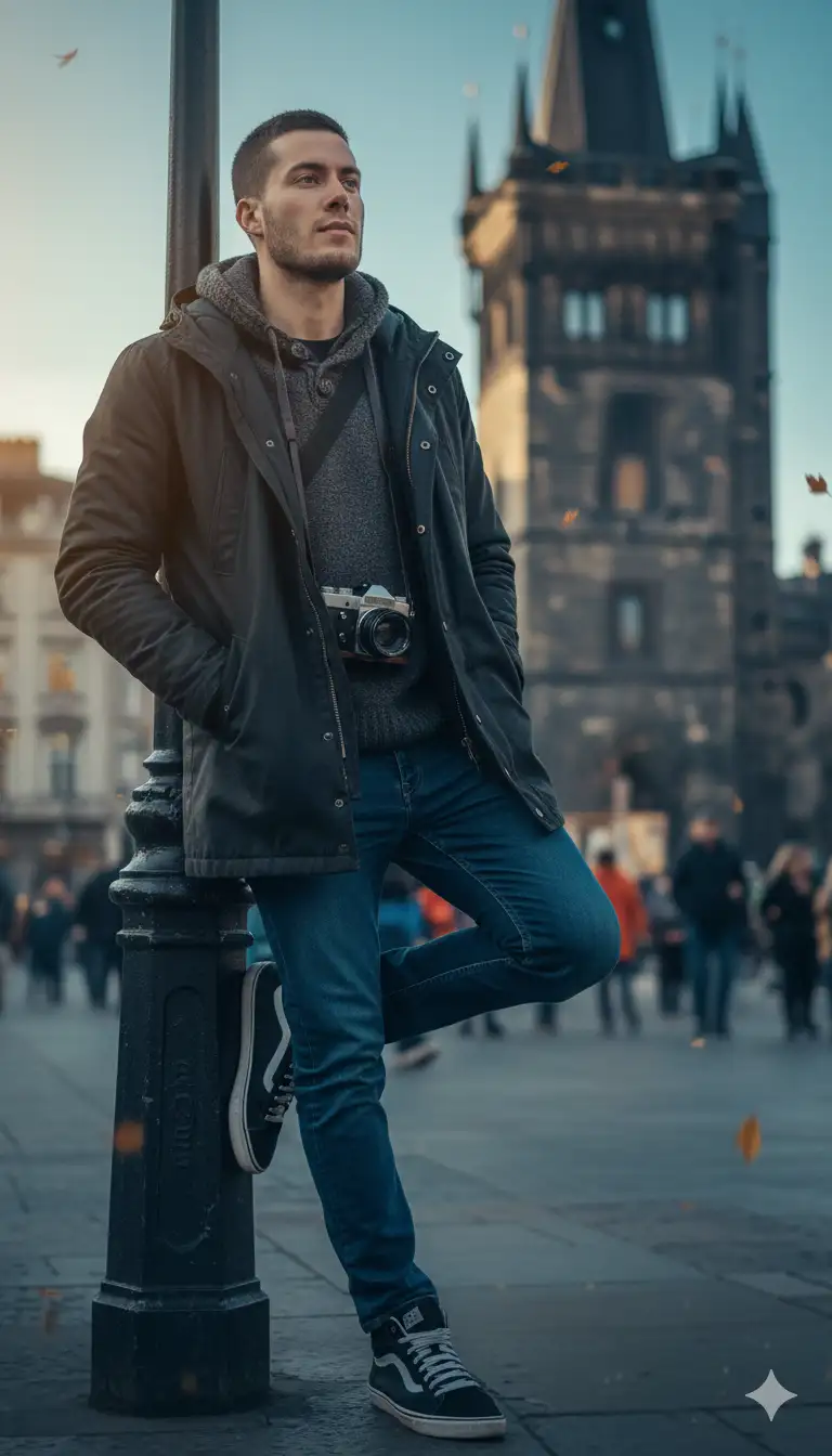 edit this image — transform the photo into a high-end street-photography portrait of a traveler/photographer leaning casually on a lamp post in front of a historic tower. Keep the original pose and composition: standing with left leg bent and foot on the lamp base, right leg relaxed, left hand in jacket pocket, right hand holding a camera down by the thigh, shoulders slightly turned to camera, chin up and gaze off-frame. Preserve the camera, beard and textured jacket but enhance and stylize as follows:

Wardrobe & accessories: keep the dark parka/jacket but enrich fabric texture (subtle waxed canvas look), change inner hoodie to a soft charcoal knit, keep blue jeans but slightly deepened to rich indigo with natural creasing. Emphasize the high-top sneakers — boost contrast on black-and-white panels and add faint scuff details for realism. Add a small messenger bag strap across the chest and a compact leather wrist strap on the camera.
Lighting & color: cinematic cool-tone grade (soft blue shadows) with warm golden rim light hitting the left side of the face and shoulder (suggest late-afternoon sun). Slightly boost contrast and midtones to create punch without losing skin detail. Add subtle film grain and gentle vignette to focus on the subject.
Camera & optics: emulate 35mm–50mm prime look, shallow DOF (f/1.8–2.8) so the tower and crowd become painterly bokeh while the subject remains razor-sharp. Slight perspective correction to emphasize the tower peek behind his shoulder. Enhance catchlight/reflection in the eyes (or sunglasses reflection if present) and sharpen camera details.
Background & atmosphere: keep the busy pedestrian scene but soften and desaturate it so the subject pops; raise clarity and texture on the stone tower so it reads as a strong architectural anchor. Add a few falling autumn leaves and a faint wet-pavement sheen to suggest recent rain (subtle reflections under shoes).
Final touches: natural skin retouching (preserve stubble and pores), boost micro-contrast on jacket and jeans, accentuate lens/glass reflections on the camera. Export as photorealistic, vertical 4K editorial crop with high detail.
Position (short): standing, left foot on lamp base, leaning against lamppost, camera in right hand, left hand in pocket, gaze off-frame.