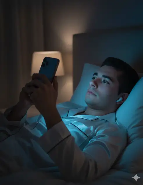 Un retrato notturno cinematográfico muito realista. Un hogar con todas las características de la imagen fornecida durmiendo de costas en la cama, segurando un iPhone Pro cerca del rosto, vestindo pijamas de cetim blanco, ojos ligeramente abiertos, atencioso e contemplativo, e pequeños teléfonos de ouvido sem fio. La tela del iPhone dele brilha intensamente, emite una luz suave y dramática para el rosto e as mãos, mientras el resto de la sala permanece sombrío y fraco.