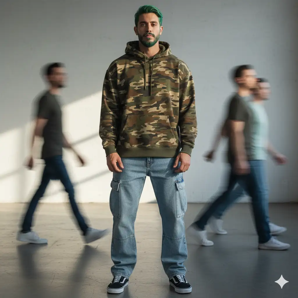 photography, snap shot, model (use the uploaded picture as reference for the face) with athletic and defined body, front pose, full-body, surrounded by a blurred motion, wearing camouflage color loose fit hoody and denim cargo pants, Vans sneakers, Sony α9, minimalistic open space with soft, contrasting with the transient figures around him, plain wall background with a subtle texture to keep the attention on the motion effect, rich details --ar 9:16 --style raw --stylize 700 --v 6.1