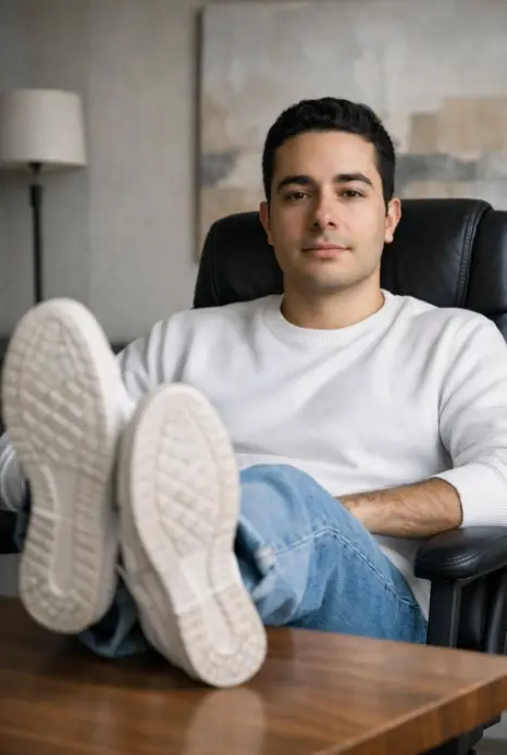 con mi foto crear un Retrato ultrarrealista de un hombre del sur de Asia, sentado tranquilamente en una moderna silla de oficina negra en un interior. Presenta una postura relajada y segura, con las piernas estiradas hacia adelante sobre un escritorio de madera y los tobillos ligeramente cruzados. Viste una sudadera blanca de cuello redondo, vaqueros azul claro de corte holgado y zapatillas blancas con suelas texturizadas visibles. Cabello corto y  una expresión serena y neutra mirando a la cámara. Fondo interior minimalista y moderno con paredes en tonos neutros y suaves, con un sutil arte abstracto detrás. La luz natural de una ventana lateral crea sombras suaves y una textura de piel realista. Profundidad de campo reducida, estilo de fotografía editorial, alto nivel de detalle, enfoque nítido, atmósfera cinematográfica y natural, composición de retrato 4:5.