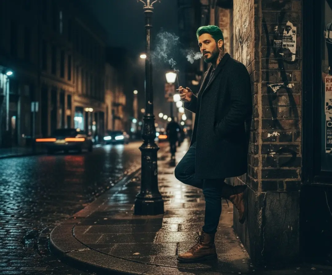 Create a cinematic street photography portrait of a man smoking near a street corner, standing with one foot against the wall and shoulders relaxed, wearing a dark wool coat, fitted jeans, and leather boots, one hand holding the cigarette and the other tucked into his pocket, exhaling smoke slowly, dramatic side lighting from a nearby streetlamp, high contrast shadows, shallow depth of field, gritty urban textures, and a raw unposed mood. Use aspect ratio 3:4.
