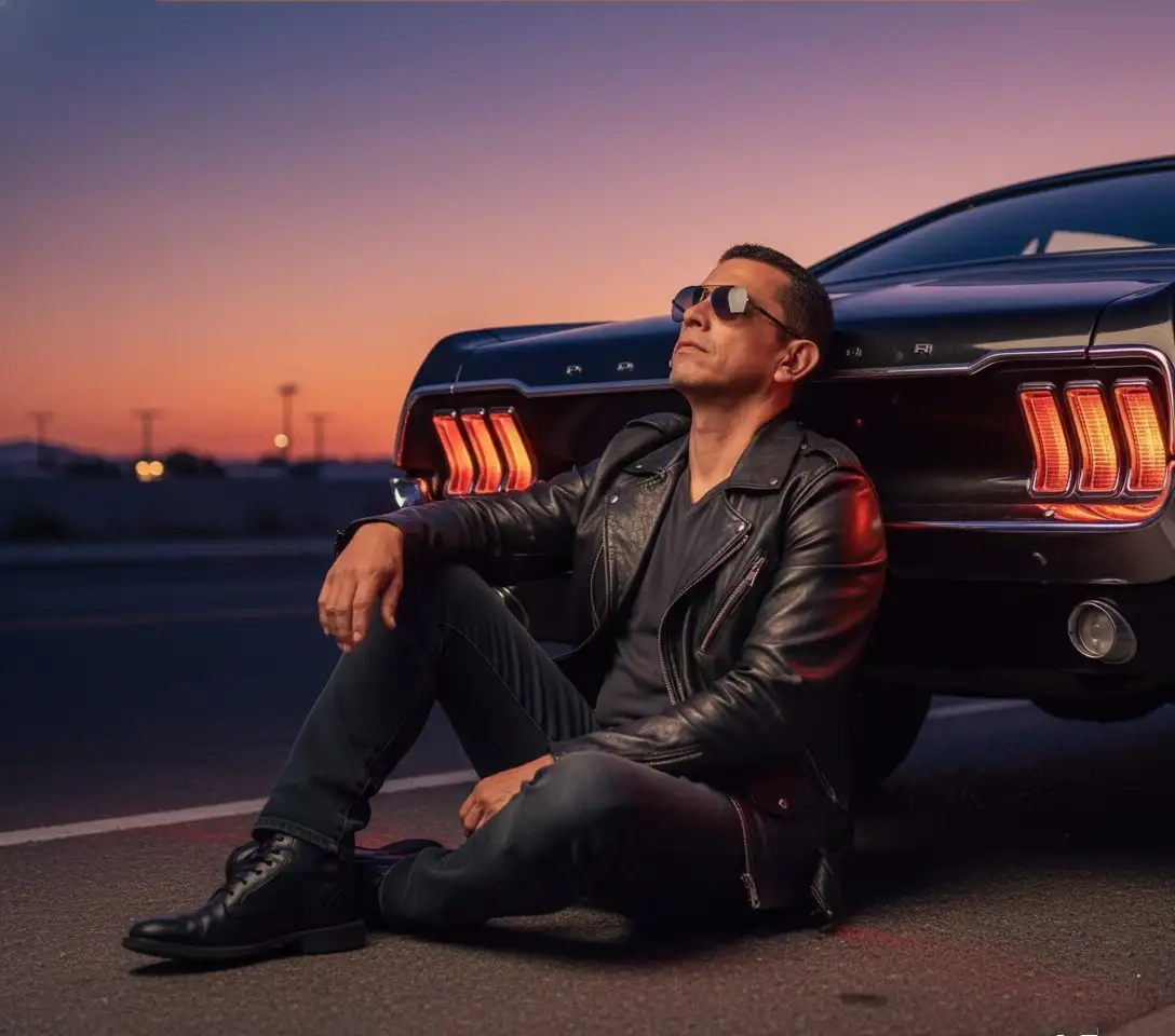 Utiliza la imagen de un hombre. Un hombre está sentado en el suelo, apoyado en la parte trasera de un coche clásico al atardecer, con la cabeza ligeramente inclinada hacia arriba y los ojos cerrados, bañado por la cálida luz naranja de las luces traseras. Lleva una chaqueta de cuero negra, las rodillas flexionadas y los brazos relajados, transmitiendo una tranquila soledad. Fondo: degradado de atardecer (púrpura-naranja-azul oscuro), asfalto desenfocado con sutiles reflejos rojo-naranja. Iluminación: mezcla de luz artificial cálida y luz ambiental fría del crepúsculo, cinematográfica y melancólica. Cámara: ángulo bajo, encuadre medio de cuerpo entero, fondo ligeramente desenfocado. -ar 3:2 -v 6 - estilo raw -q 2 -luz ascendente -hd -iluminación cinematográfica ultrarrealista del atardecer -reflejo preciso de la luz de contorno -textura detallada de piel y cabello -fondo desenfocado -sin texto

-sin marca de agua -sin personas adicionales.