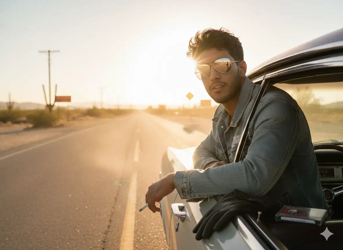 The man leans his forearm against the open car window, elbow bent with effortless poise. He wears mirrored aviator shades that catch the late afternoon sun, casting brilliant flares off the chrome doorframe and side mirror. The soft rumble of the idling engine hums beneath him. His expression is calm, unfazed, with a cigarette resting loosely between his fingers — untouched, burning slowly. A hot desert wind tousles the edge of his sun-bleached jacket, and dust swirls lightly across the asphalt.
In the background, the two-lane desert highway stretches endlessly forward, rippling with heat mirages, flanked by cacti and faded road signs. The golden hour sun washes everything in warm amber tones, wrapping the scene in nostalgic brilliance. Long shadows fall across the worn dashboard, where a classic rock cassette case lies beside a pair of leather gloves.
Style: Retro Americana realism, 50mm lens, sun-bleached colors, ultra-sharp chrome reflections, shallow depth of field, textured skin and fabric details
Mood: Cool independence, rebellious serenity, timeless freedom
