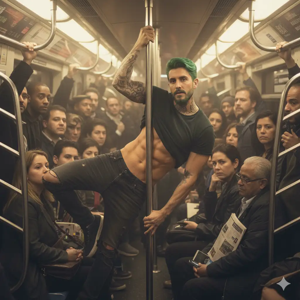 The uploaded person with athletic and defined body, pole dancing in a very crowded subway train during rush hour, commuting. hyper-realistic, photorealistic with no cartoon, anime, CGI, or painted effect. Cinematic frame in 2.39:1. Shot with a 50mm lens, shallow depth of field, soft bokeh. Lighting is warm. Color grading with soft tones, desaturated background, dreamy glow using a Pro-Mist effect.