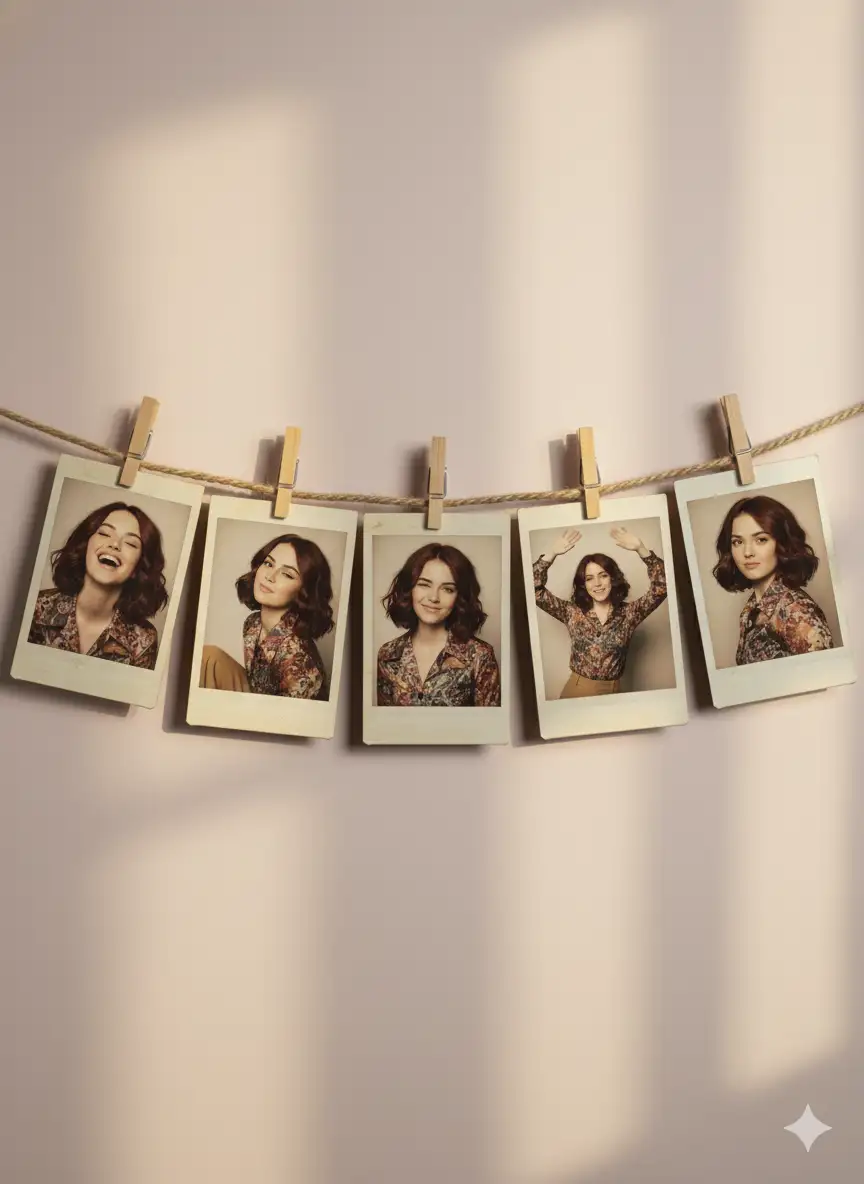 Create an artistic collage of 6 vintage Polaroid photos, attached with a decorative rope and mini clothespins, like a home photo gallery. Each Polaroid frame has a slight fading and an old paper effect. The background is a soft pastel wall with light shadows, creating a cozy and creatively chaotic atmosphere. Emotions and poses: Light laughter — eyes closed, natural joy. Dreamy gaze upwards, relaxed pose. Playful wink. Calm smile with a head tilted to the side. Dynamic gesture hands raised high, full of energy. Romantic half-glance over the shoulder. The atmosphere is an art-retro style with elements of a '70s fashion magazine, soft diffused lighting, and muted warm and golden tones. Each photograph looks like a unique behind-the-scenes shot, with a touch of nostalgia and a sense of personal history.
