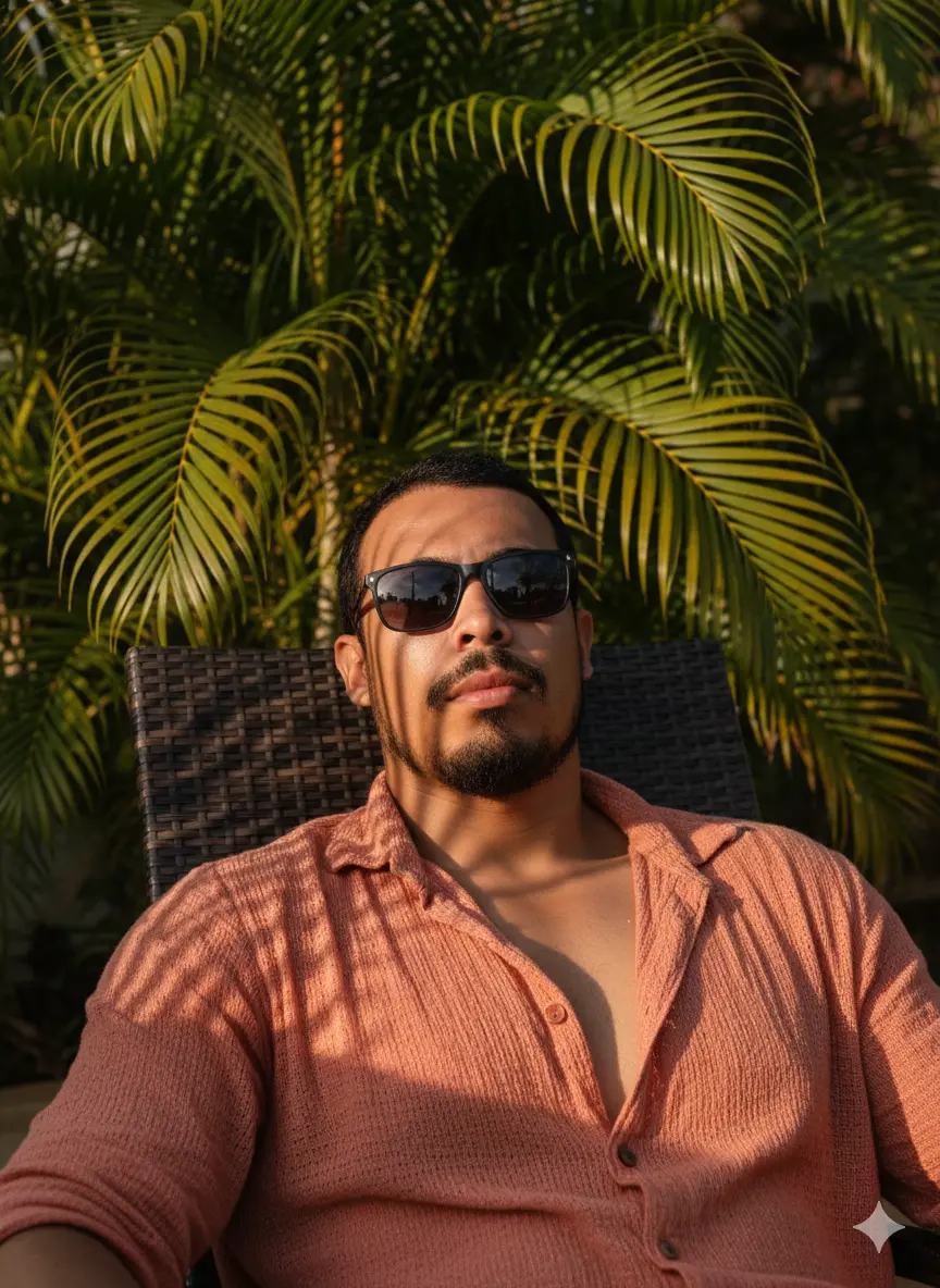 Tá na mão!! De acordo com a foto anexada, crie com o mesmo rosto um Retrato em close-up hiper-realista e fotorrealista de um homem atlético (não bodybuilder) sentado ao ar livre em uma cadeira de lounge, cercado por exuberantes folhas de palmeira verde e folhagem. Ele veste uma camisa entre aberta de pano leve da cor terracota e um pouco desbotada e óculos de sol escuros e retangulares. A luz natural forte do entardecer do dia, cria sombras marcantes e alto contraste, iluminação de golden hour. Expressão relaxada e confiante. Resolução 8K, alto detalhe.