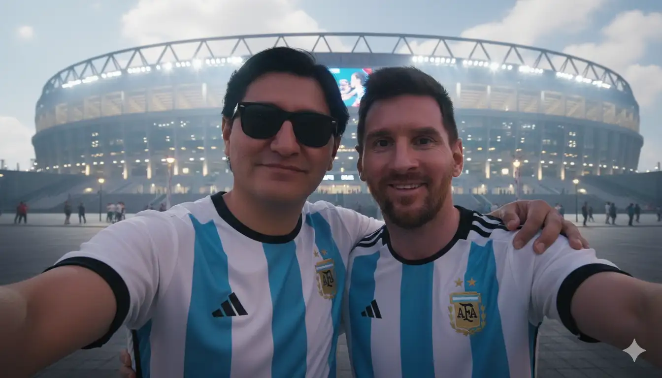 Una selfie en 3D , con mi foto mantener los lentes y leonel messi abrazados como amigos . Todo esto afuera de un estadio de futbol iluminada con tonos blancos, con iluminación cinematográfica y texturas realistas